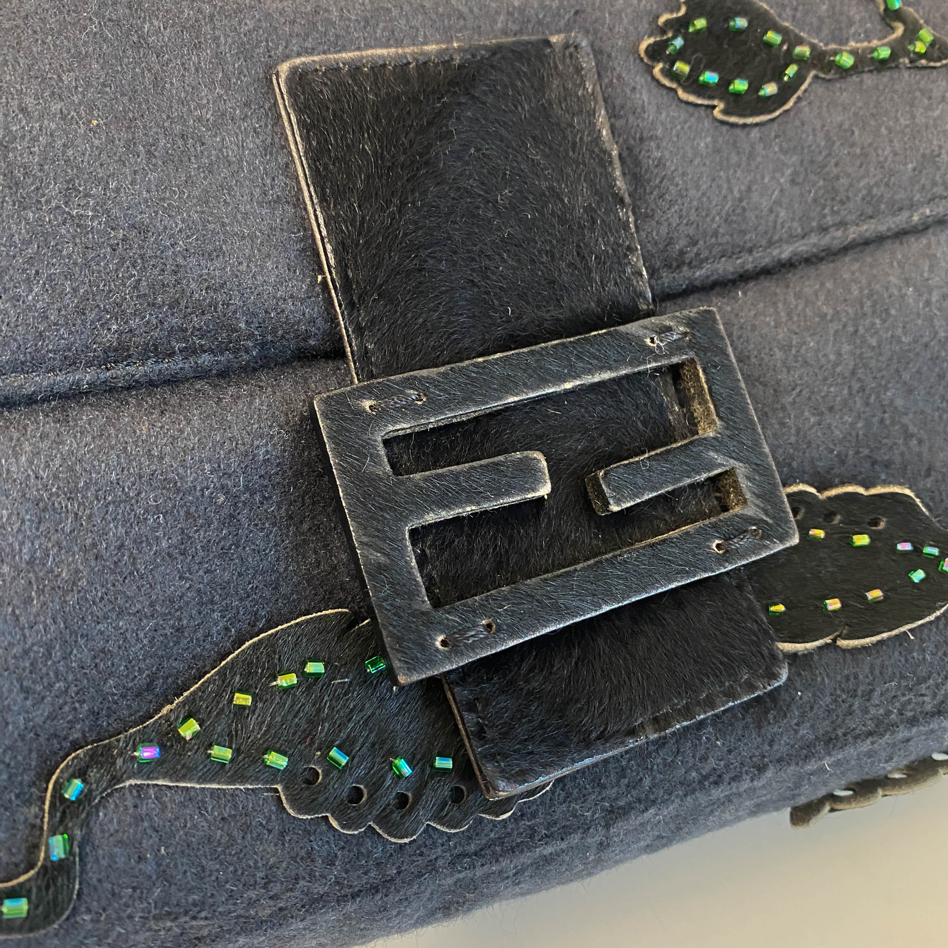Baguette Black Cashmere and Pony Hair with Multi Colour Beaded Shoulder Bag