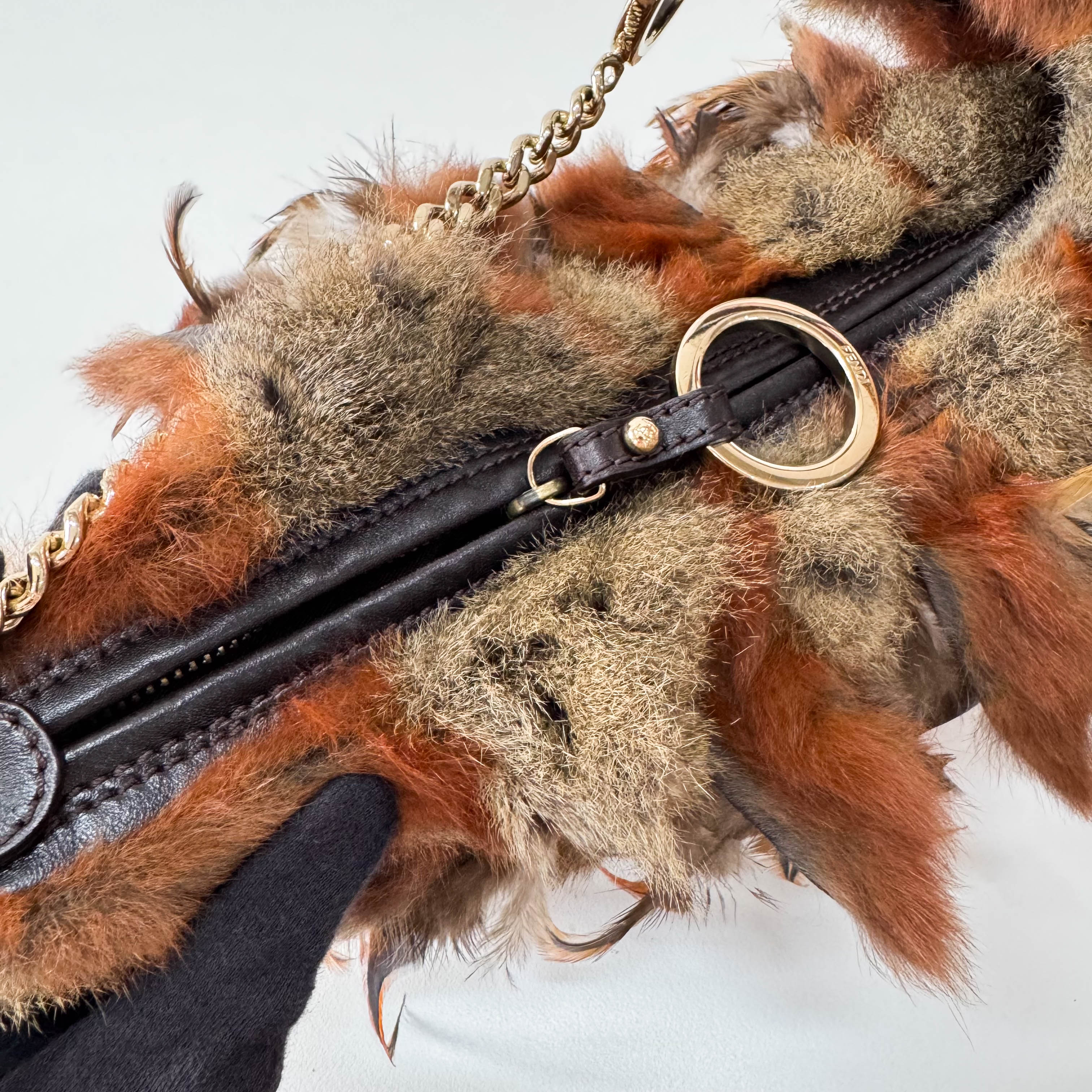 Feather/Fur Hobo Brown Gold Chain Bag