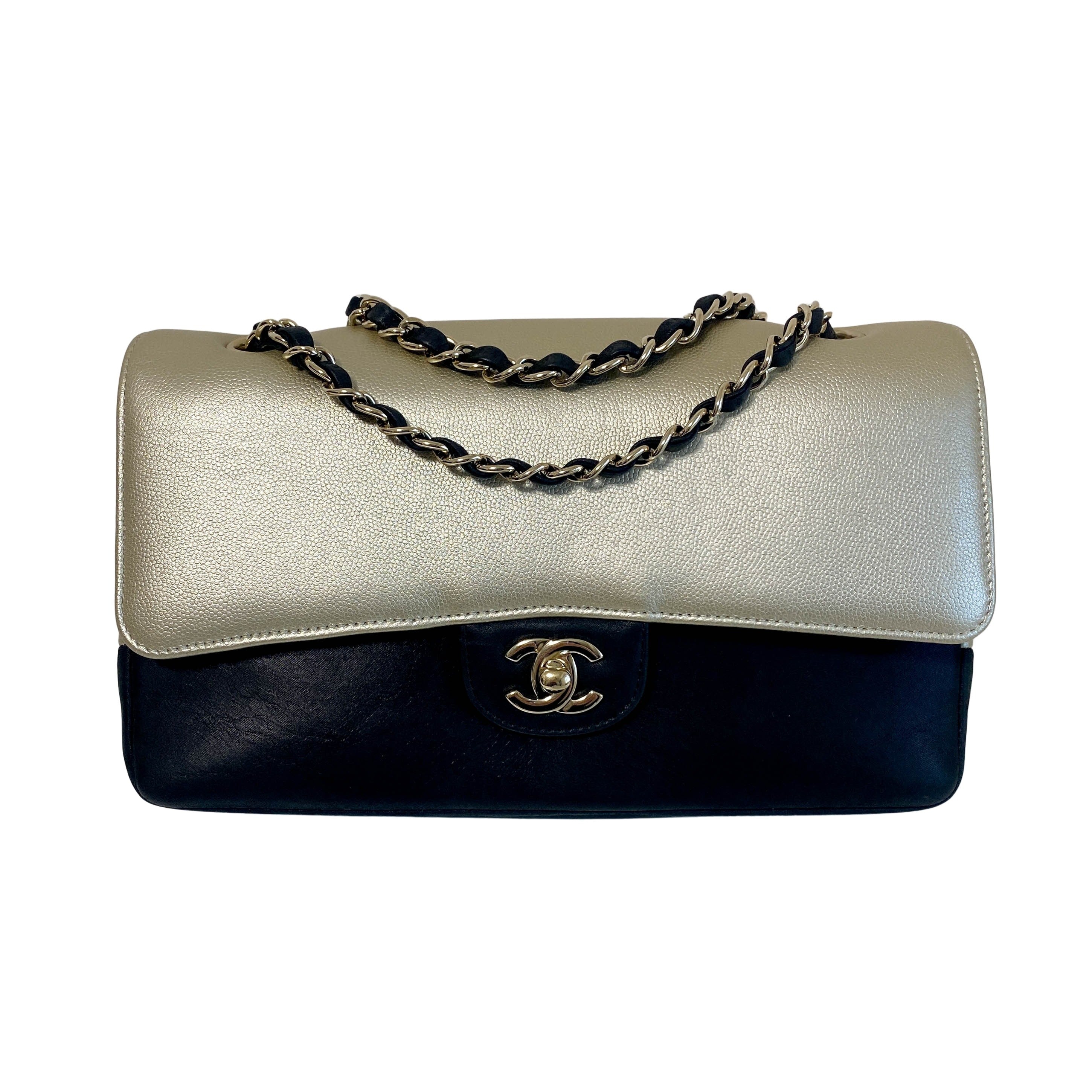 Timeless Classic Flap 25 Gold Calf and Black Leather Chain Shoulder Bag