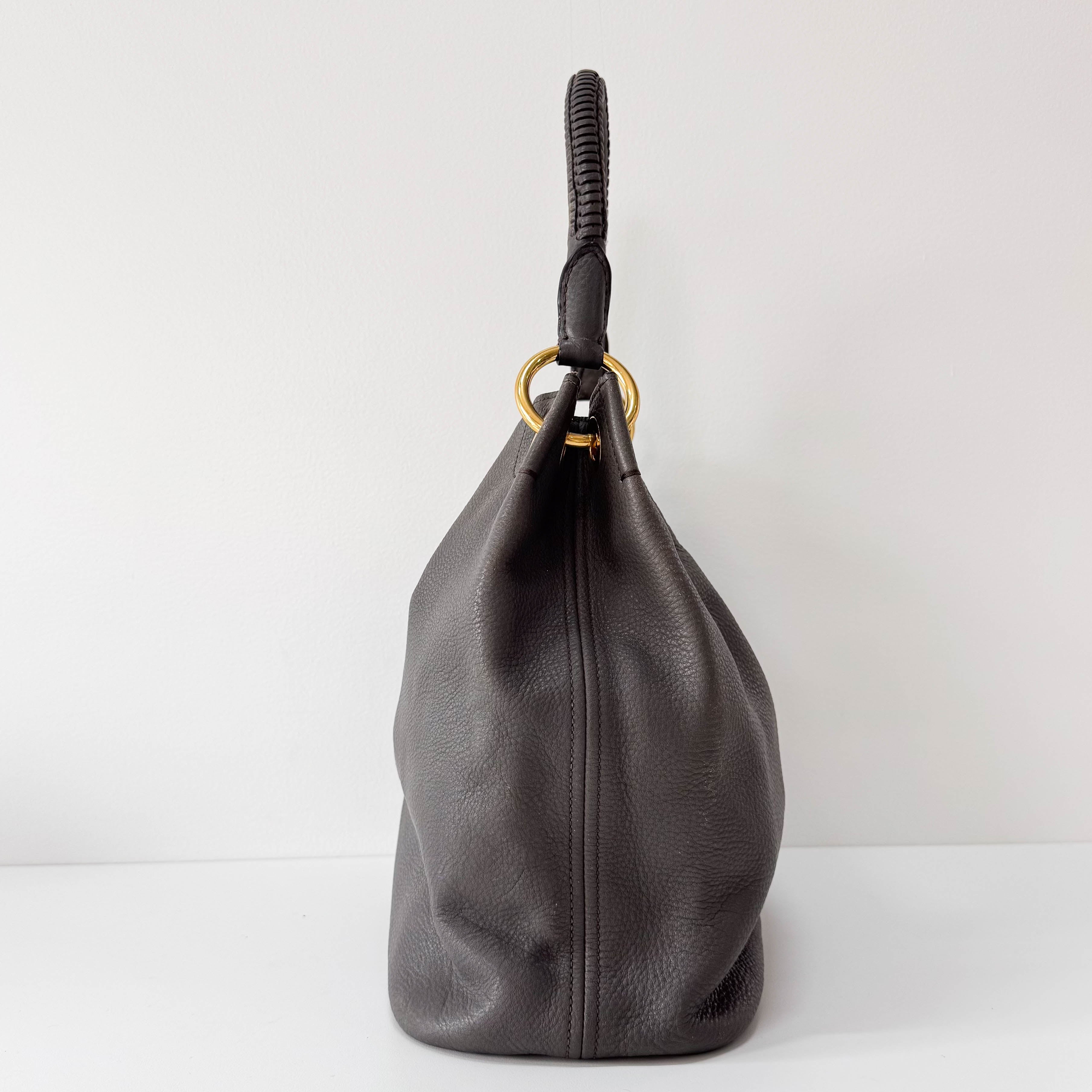 Grey Leather Hobo Shoulder Bag
