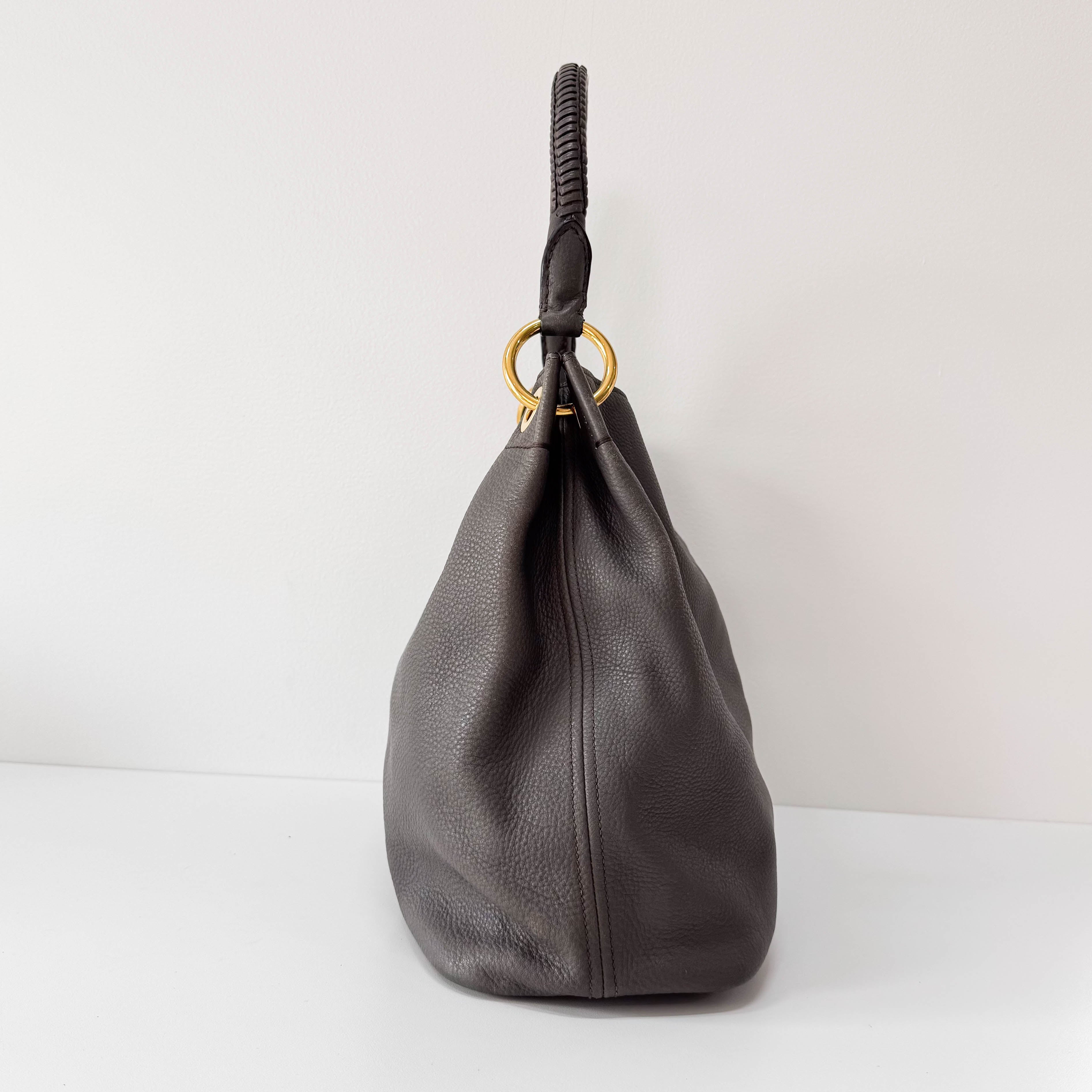 Grey Leather Hobo Shoulder Bag