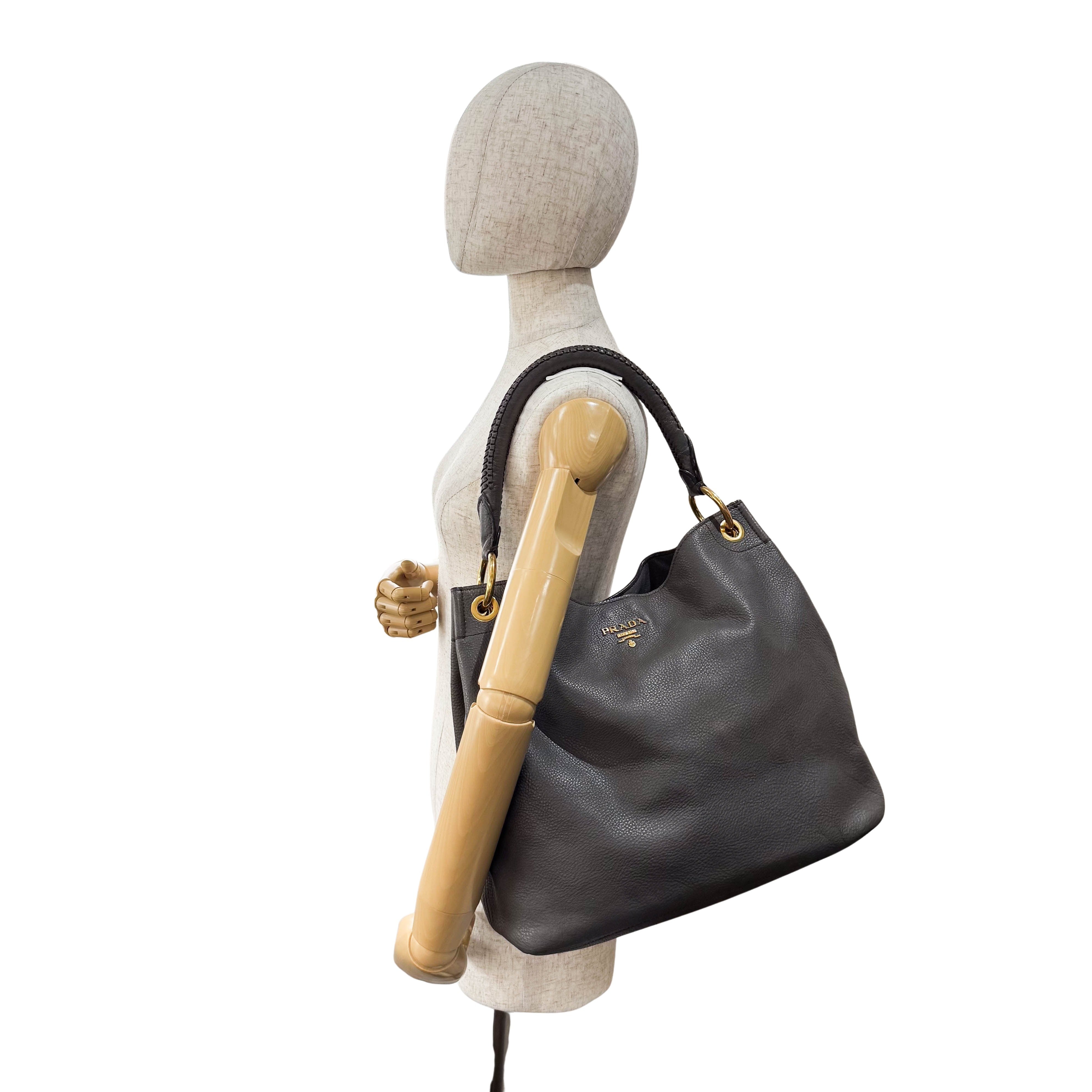 Grey Leather Hobo Shoulder Bag