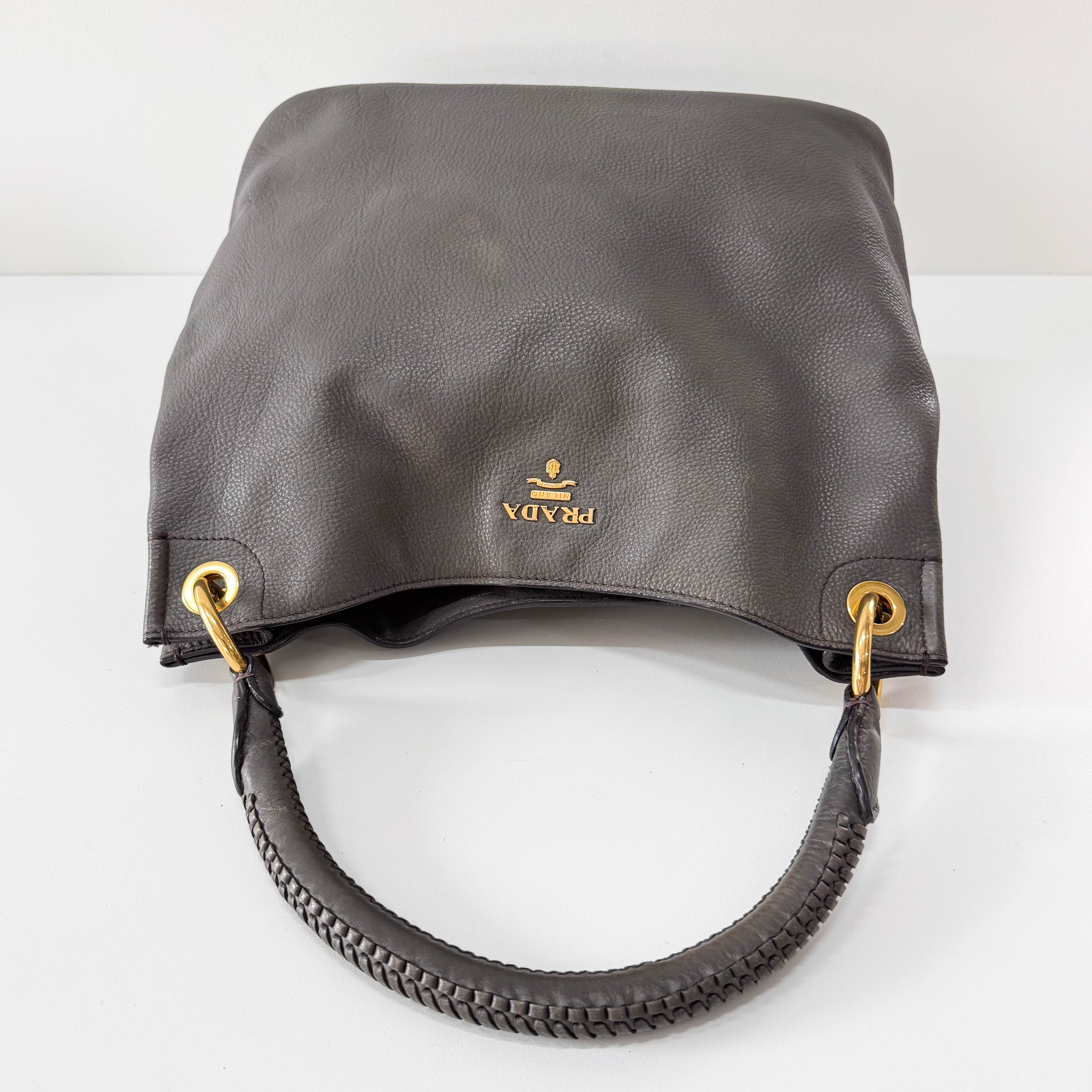 Grey Leather Hobo Shoulder Bag