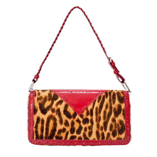 Leopard Print Pony Hair Red Laser Cut Details Bag