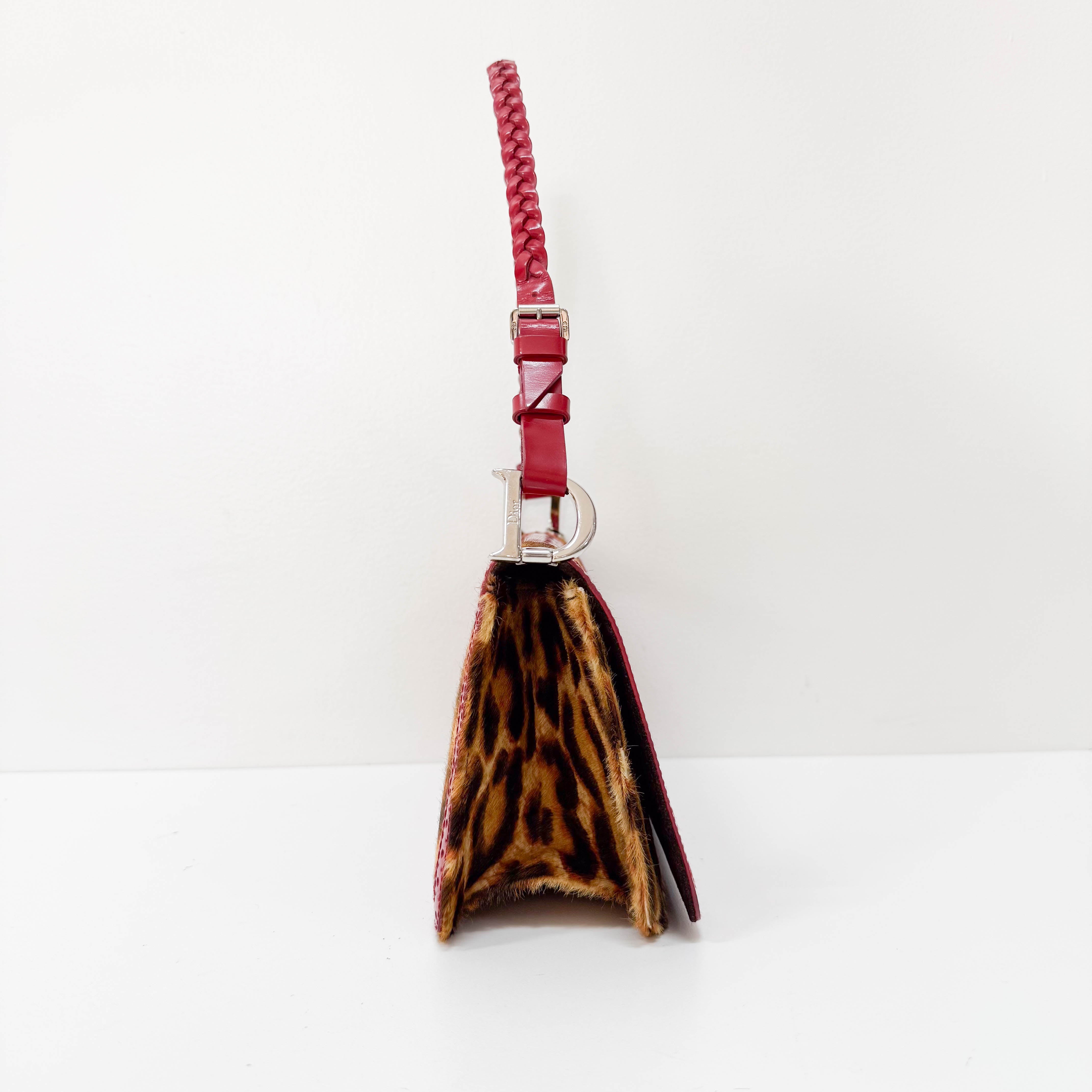 Leopard Print Pony Hair Red Laser Cut Details Bag