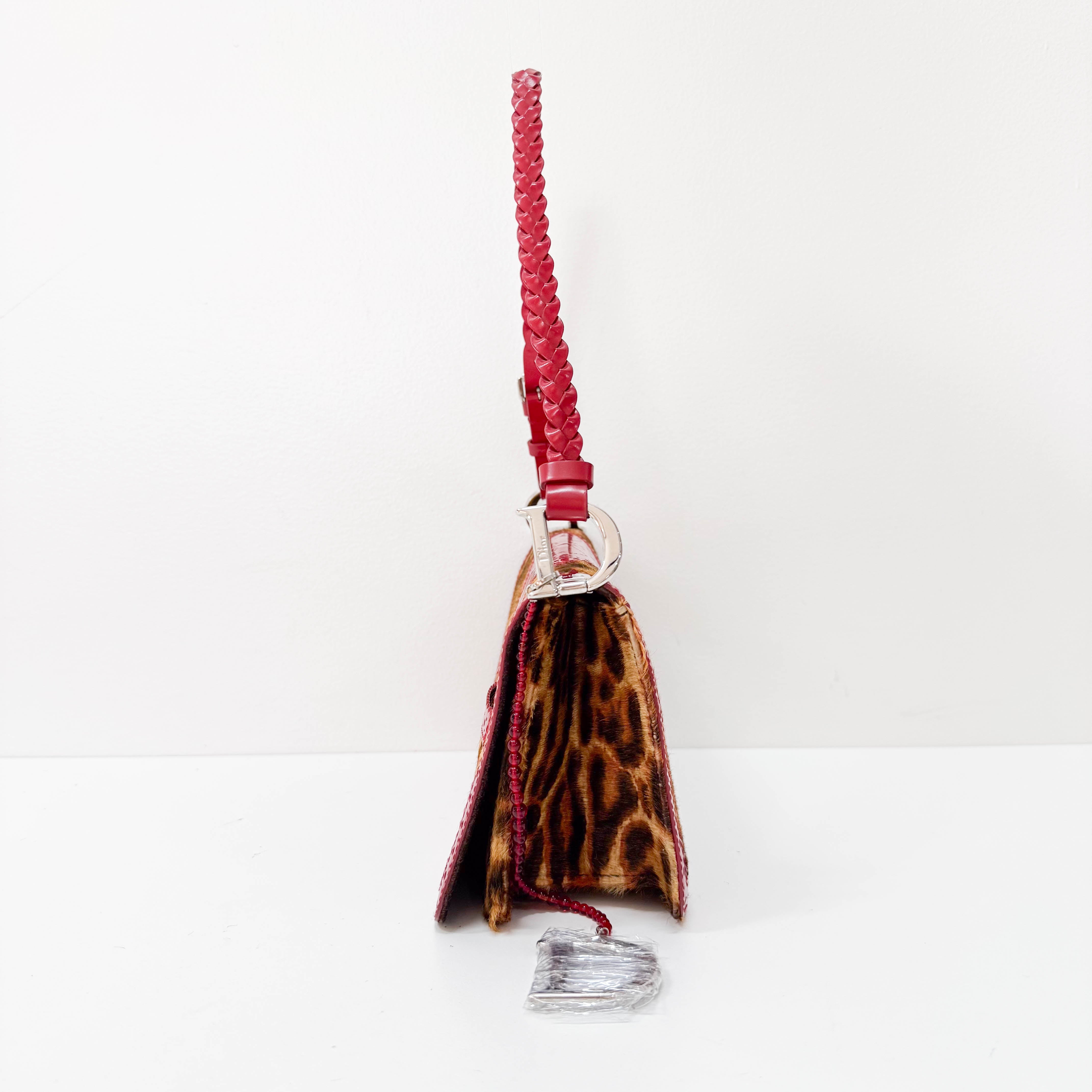 Leopard Print Pony Hair Red Laser Cut Details Bag