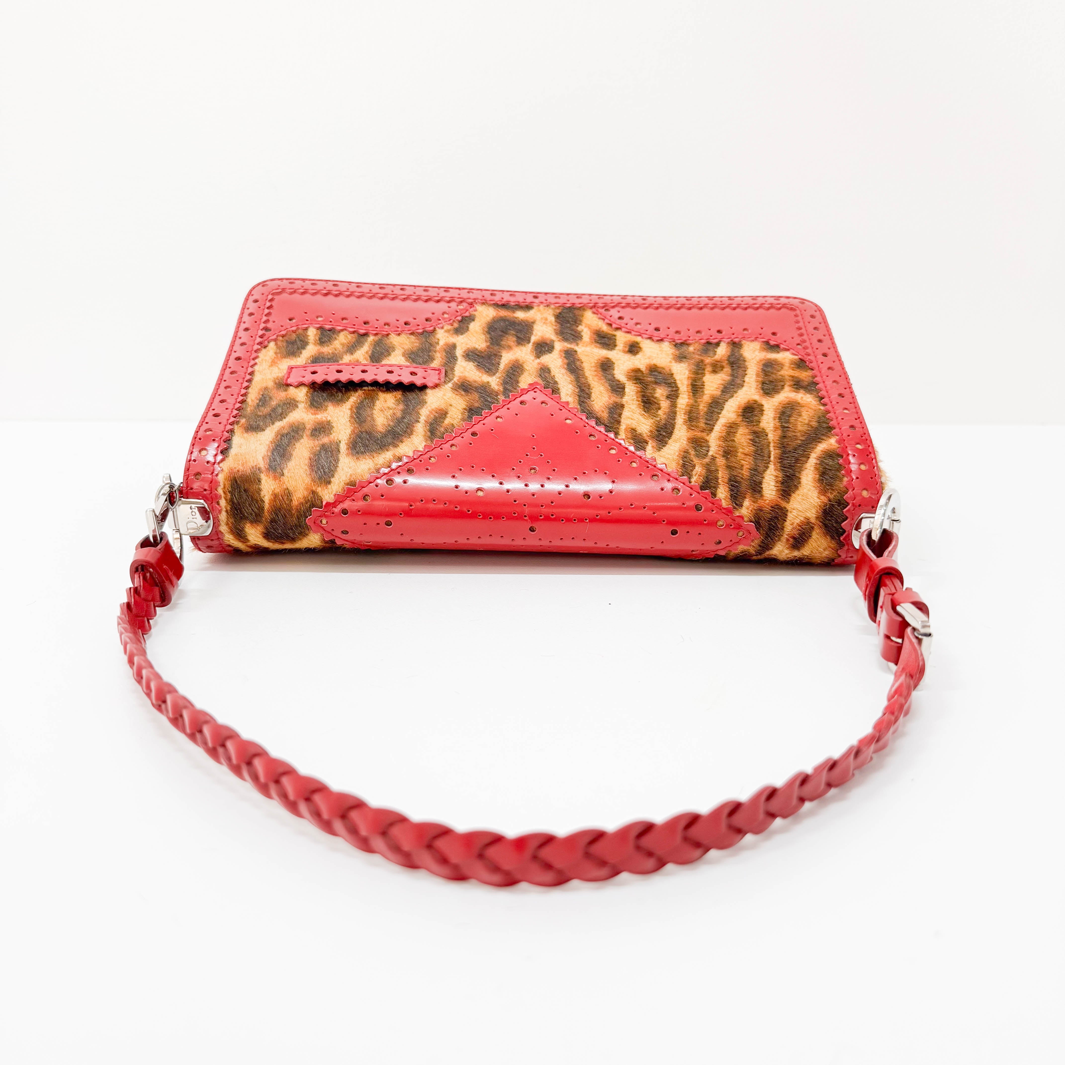 Leopard Print Pony Hair Red Laser Cut Details Bag