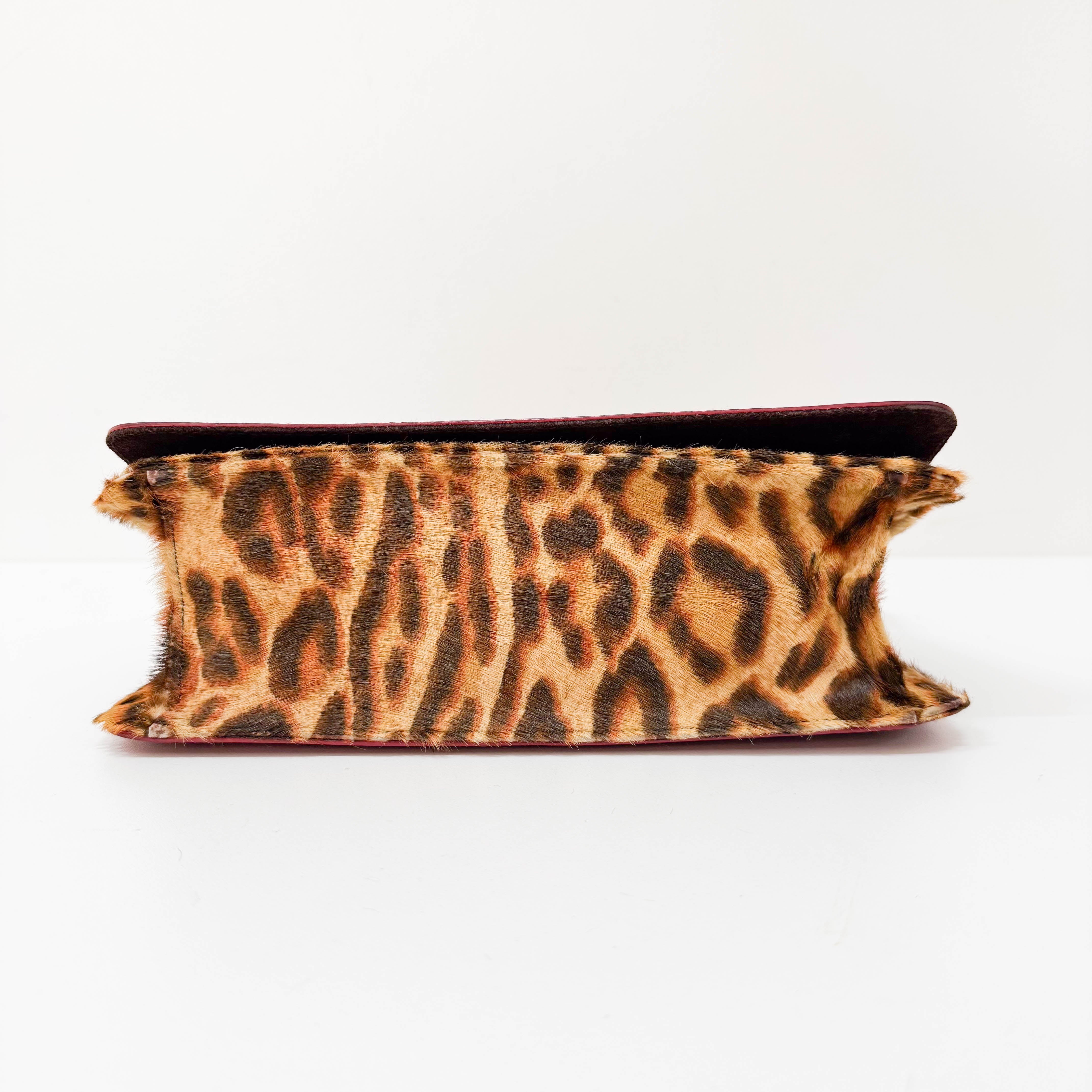 Leopard Print Pony Hair Red Laser Cut Details Bag