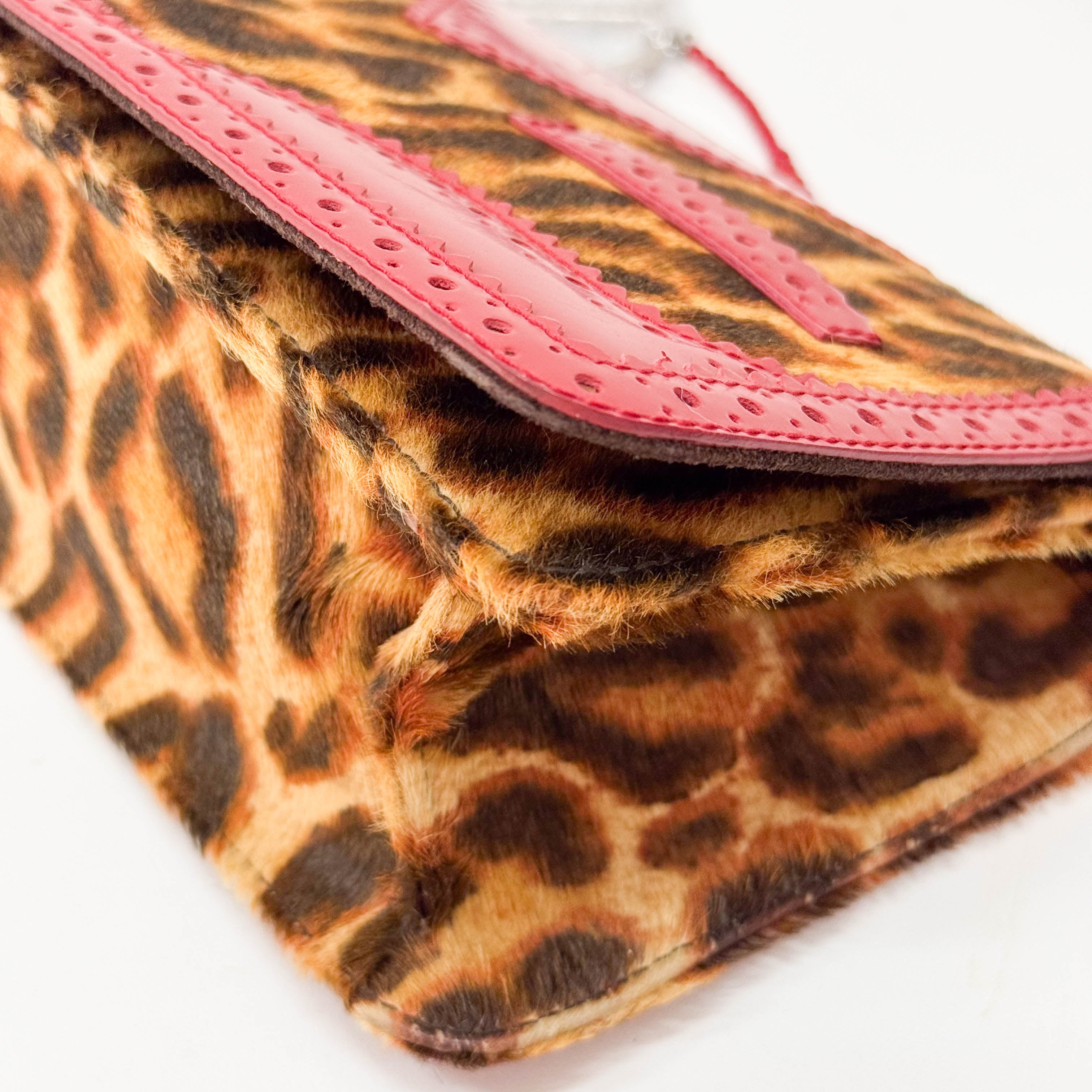 Leopard Print Pony Hair Red Laser Cut Details Bag