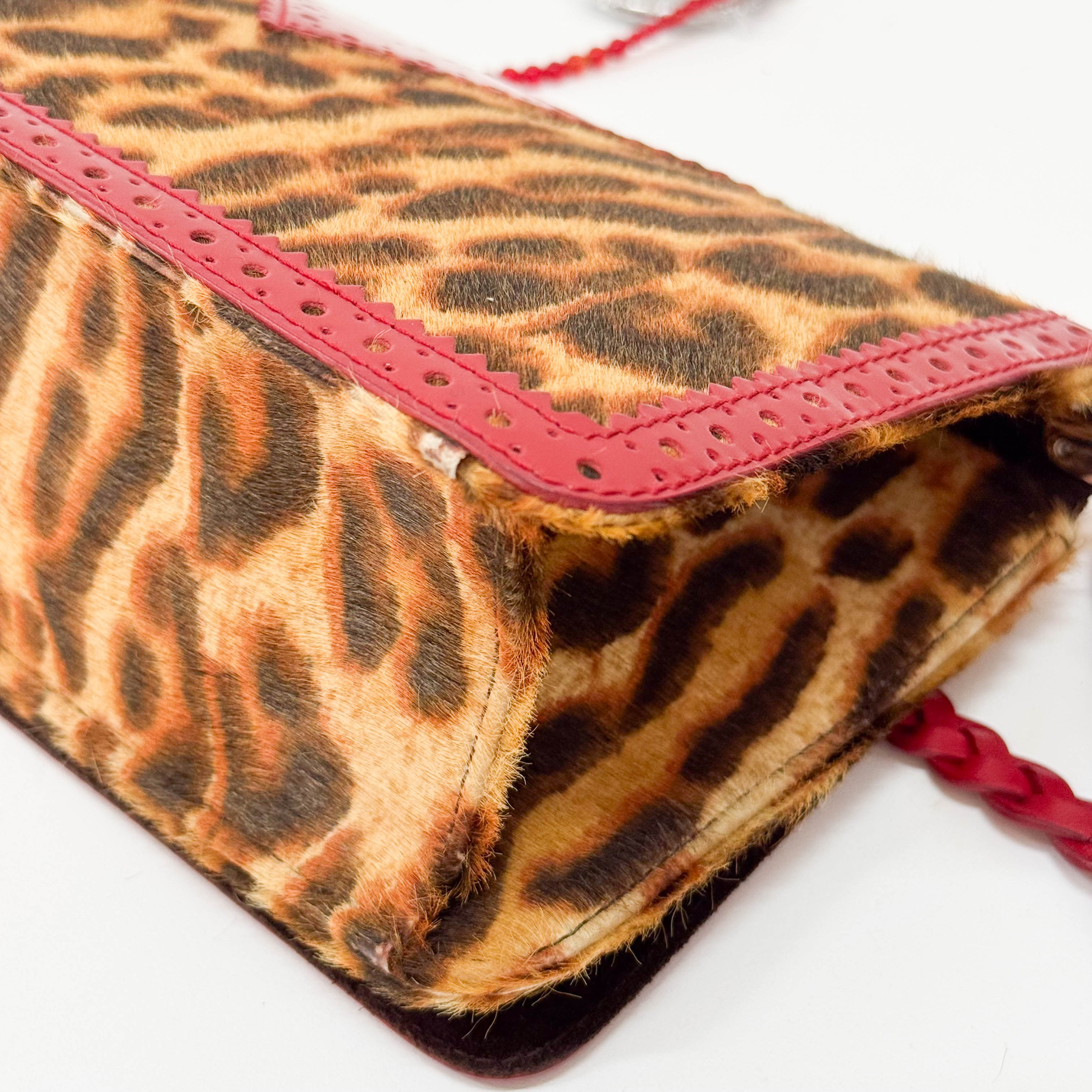 Leopard Print Pony Hair Red Laser Cut Details Bag