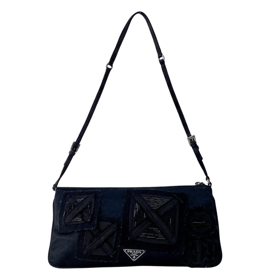 Mini Black Satin With Beaded Embroidedery Shoulder Bag