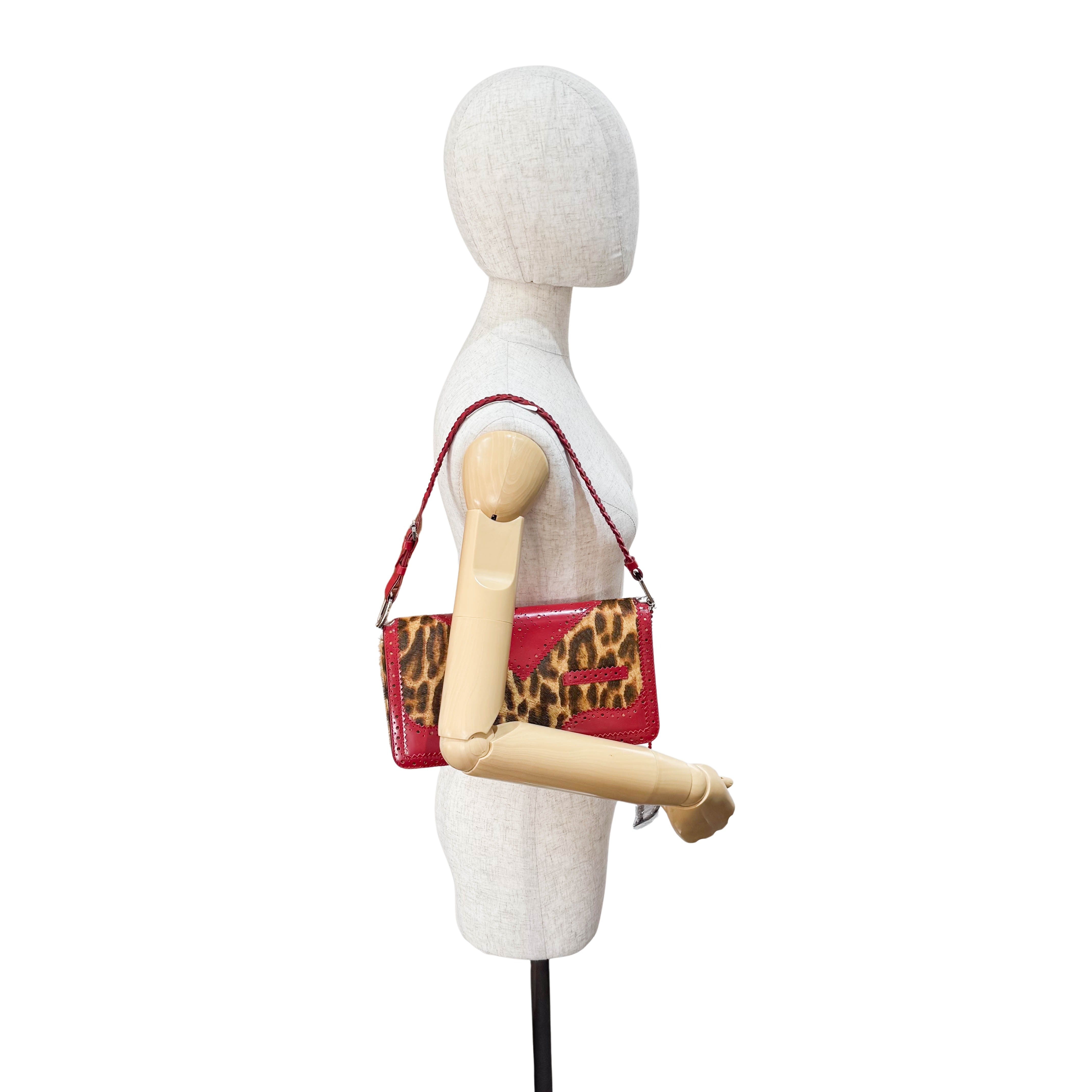 Leopard Print Pony Hair Red Laser Cut Details Bag
