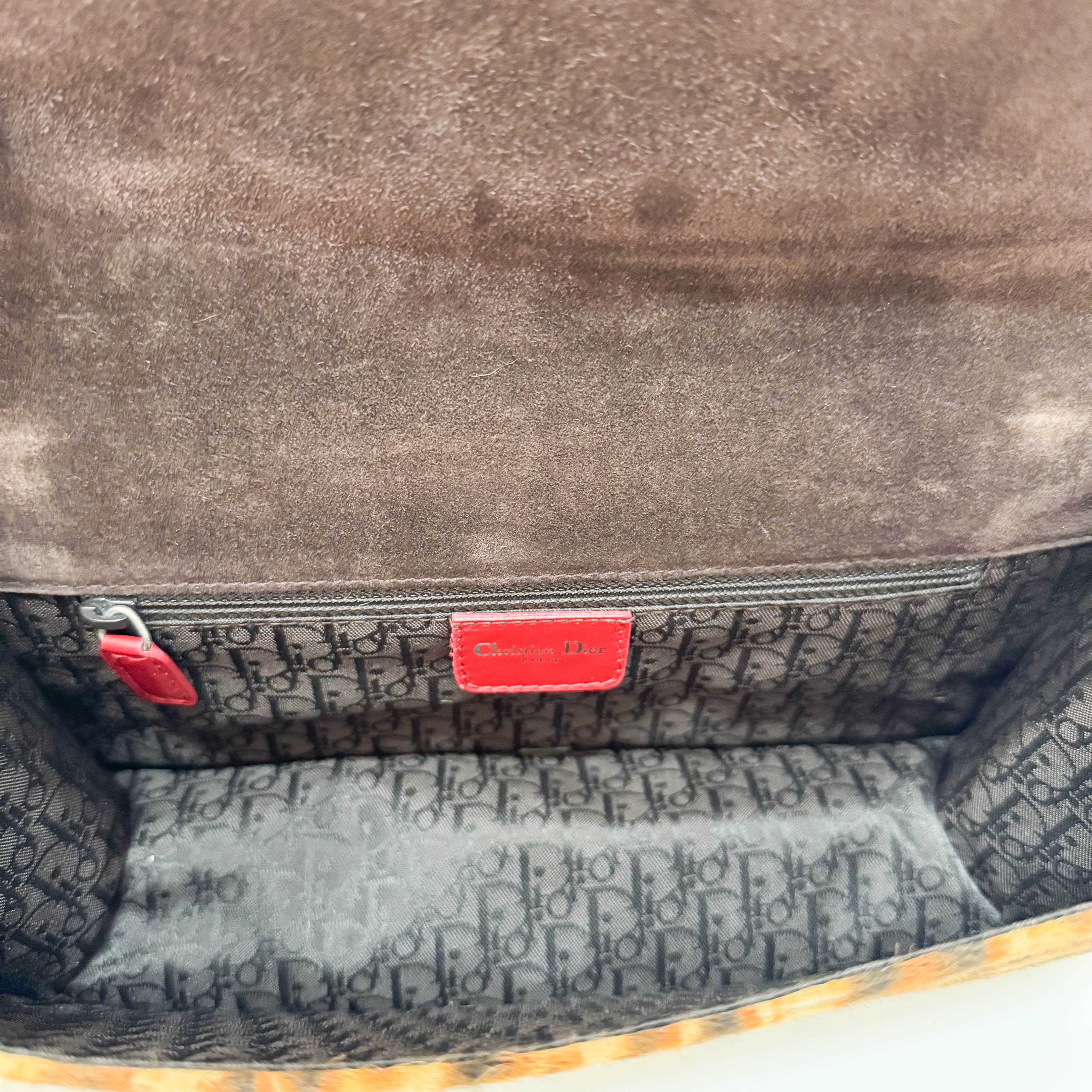 Leopard Print Pony Hair Red Laser Cut Details Bag