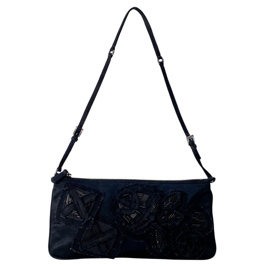 Mini Black Satin With Beaded Embroidedery Shoulder Bag