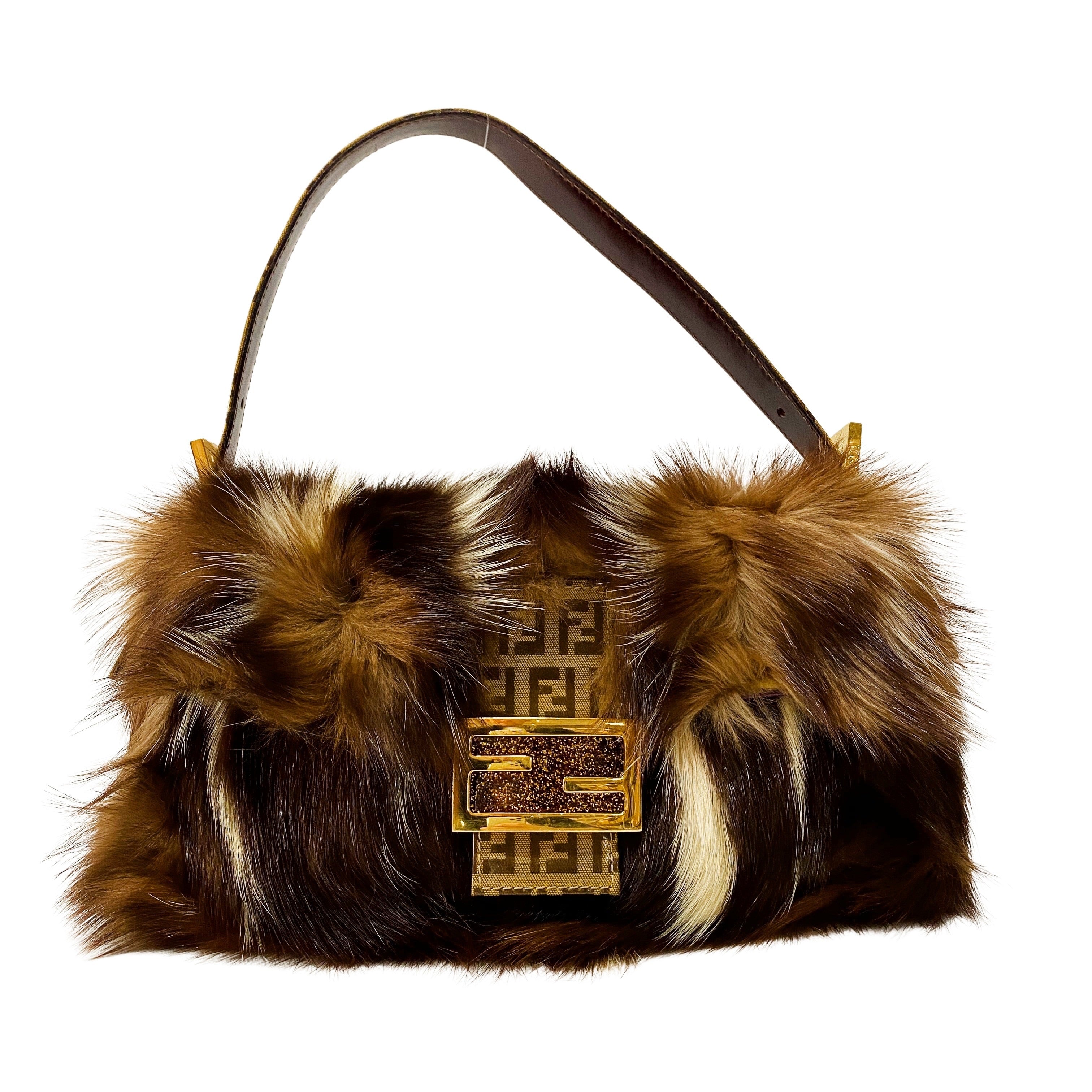 Baguette Zucchino Brown Fur & Coated Canvas Bag