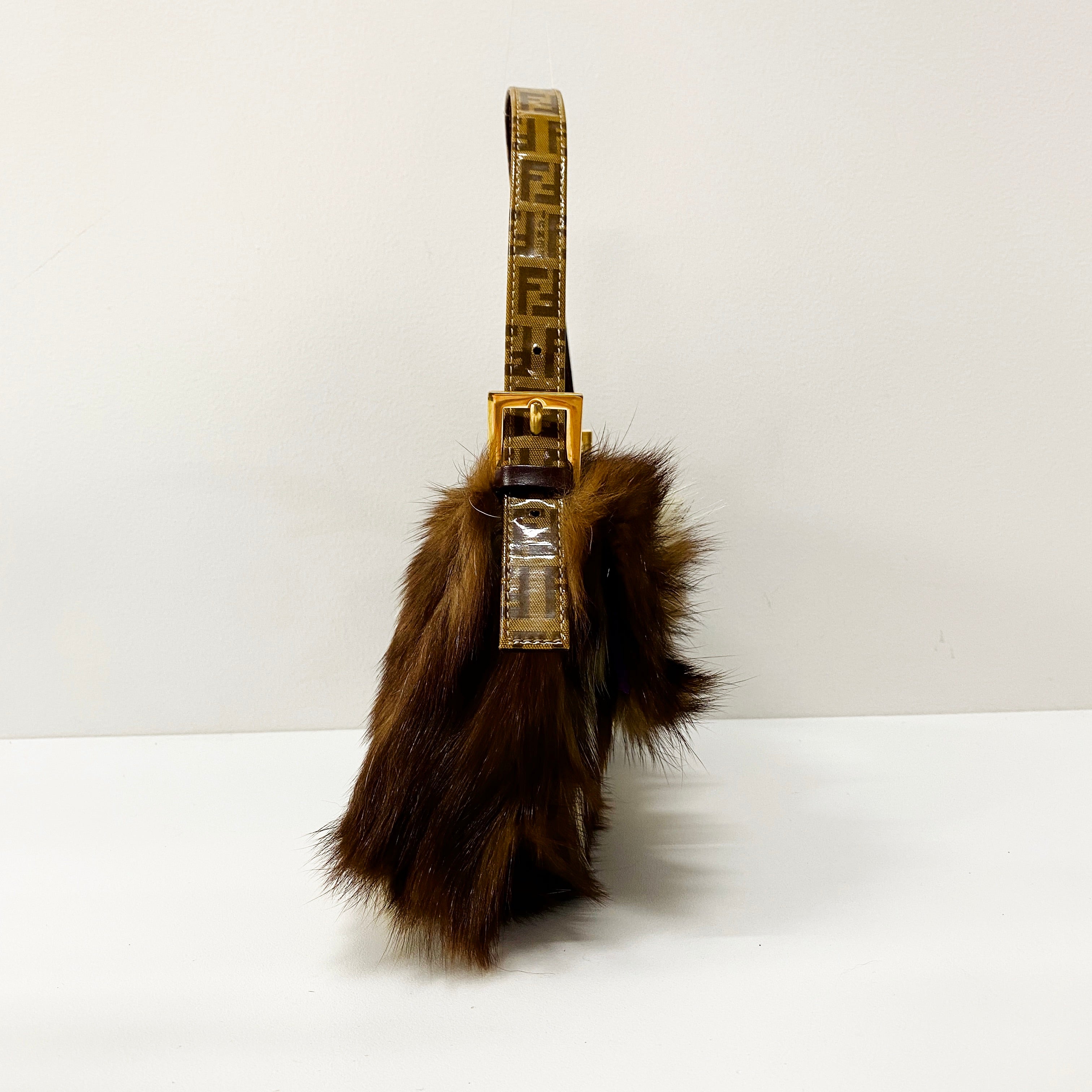 Baguette Zucchino Brown Fur & Coated Canvas Bag