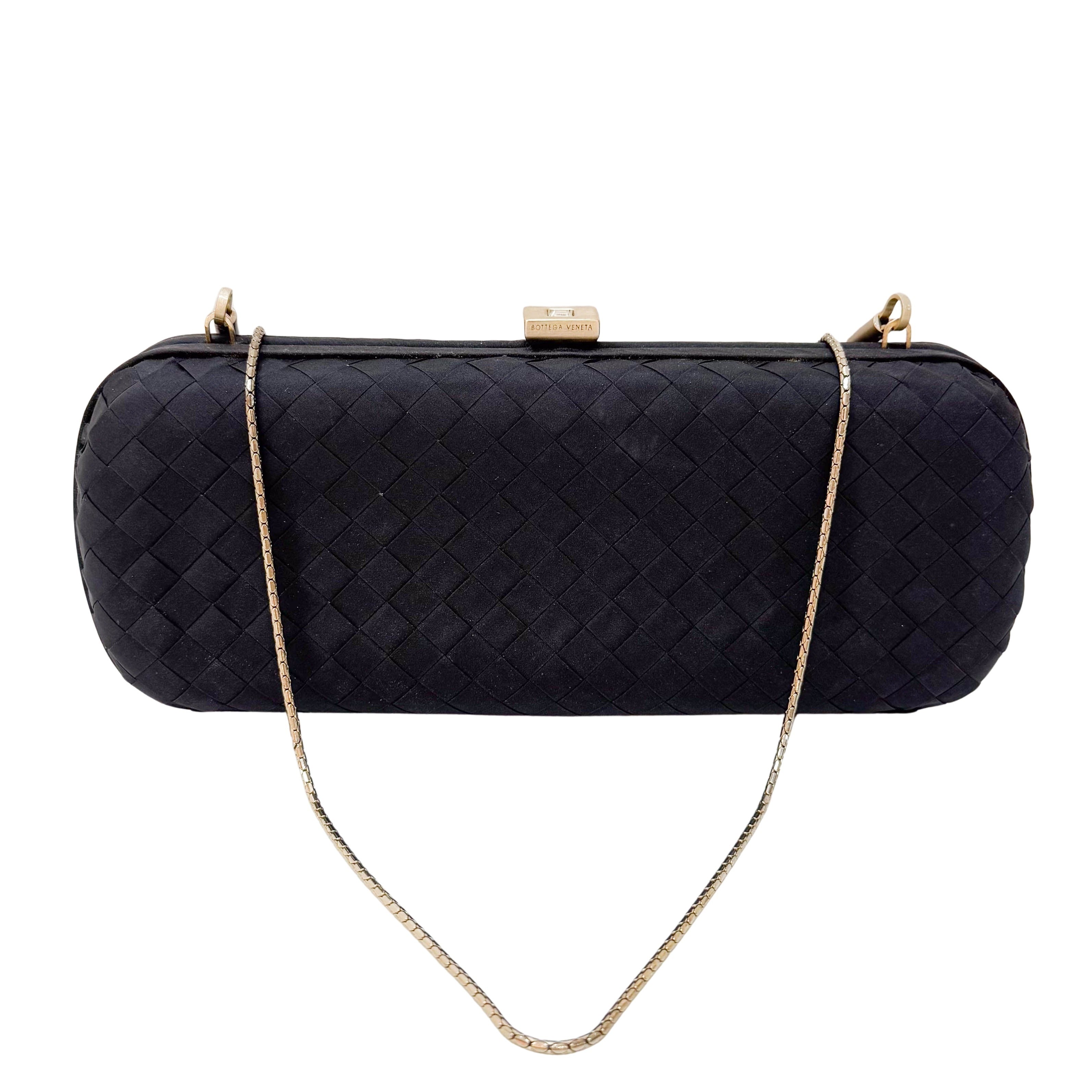 Black Satin Intrecciato Knot Long Clutch with Gold Chain