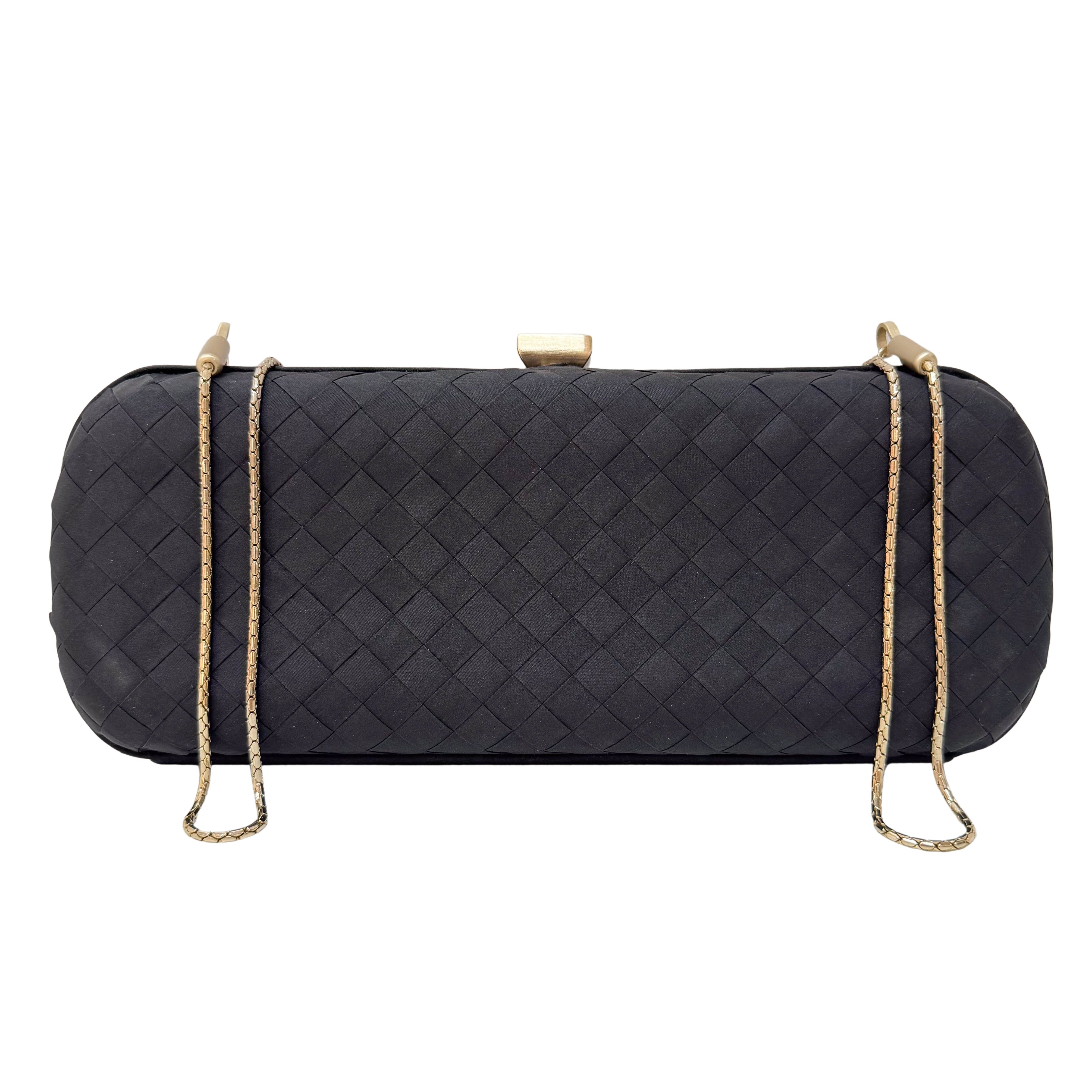 Black Satin Intrecciato Knot Long Clutch with Gold Chain
