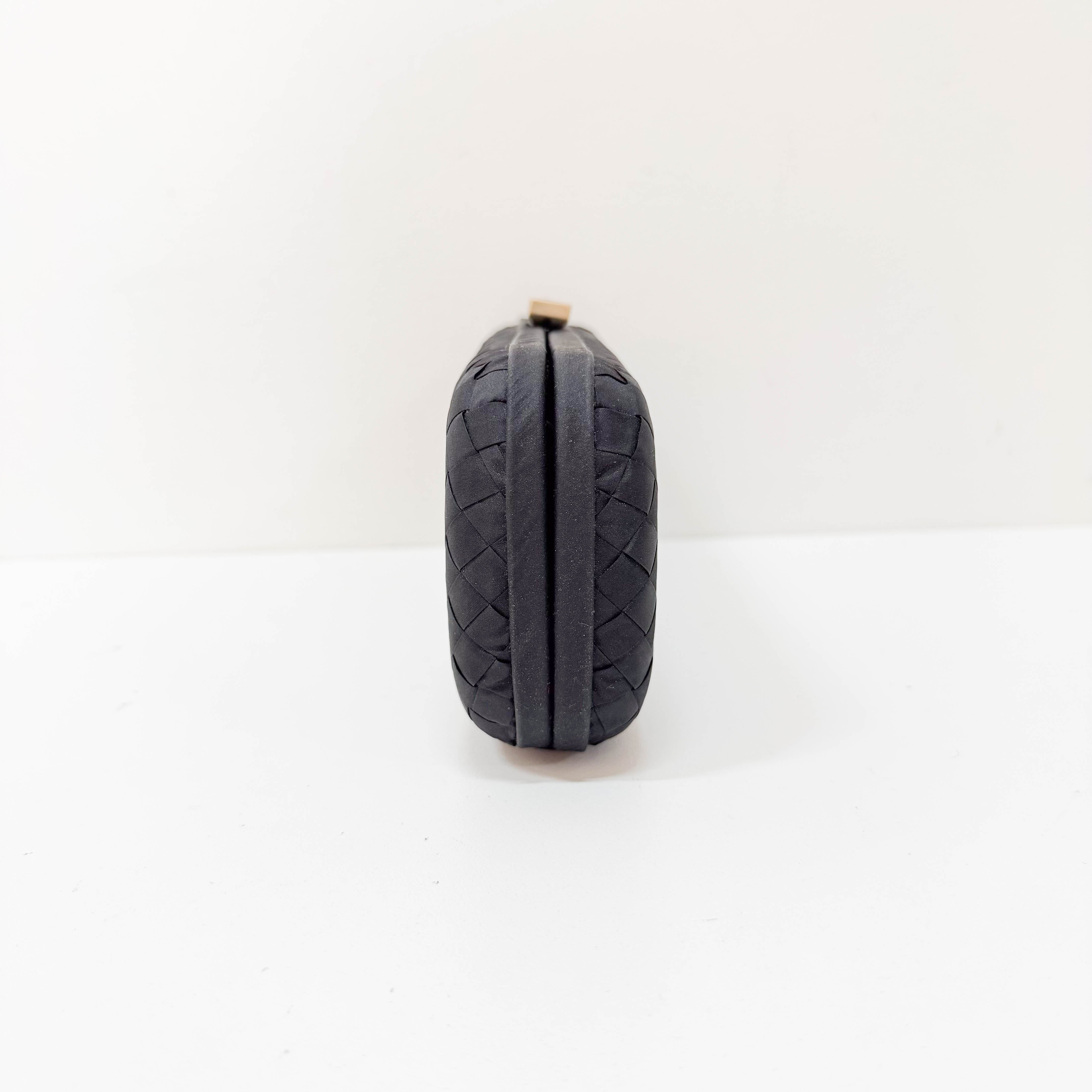 Black Satin Intrecciato Knot Long Clutch with Gold Chain