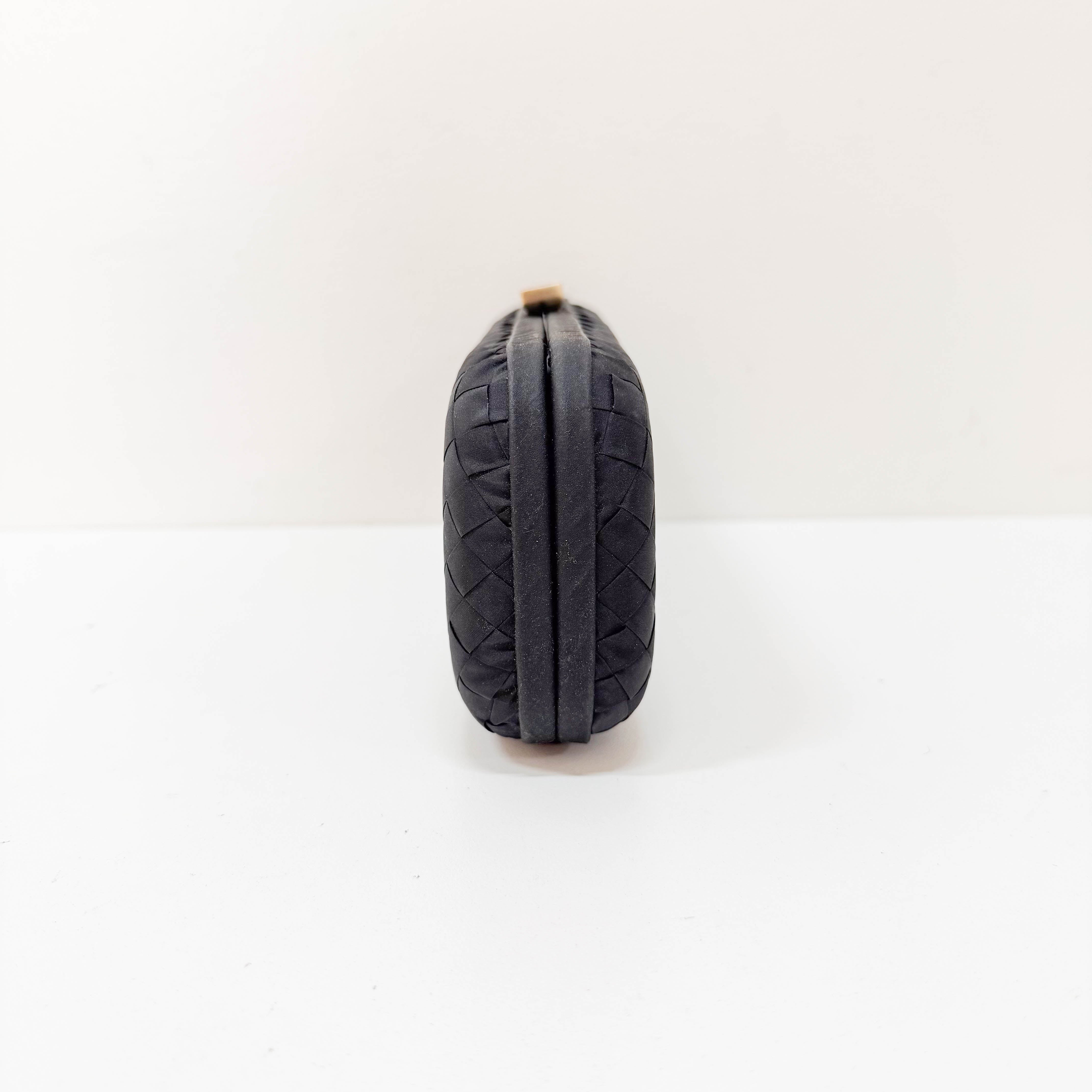 Black Satin Intrecciato Knot Long Clutch with Gold Chain