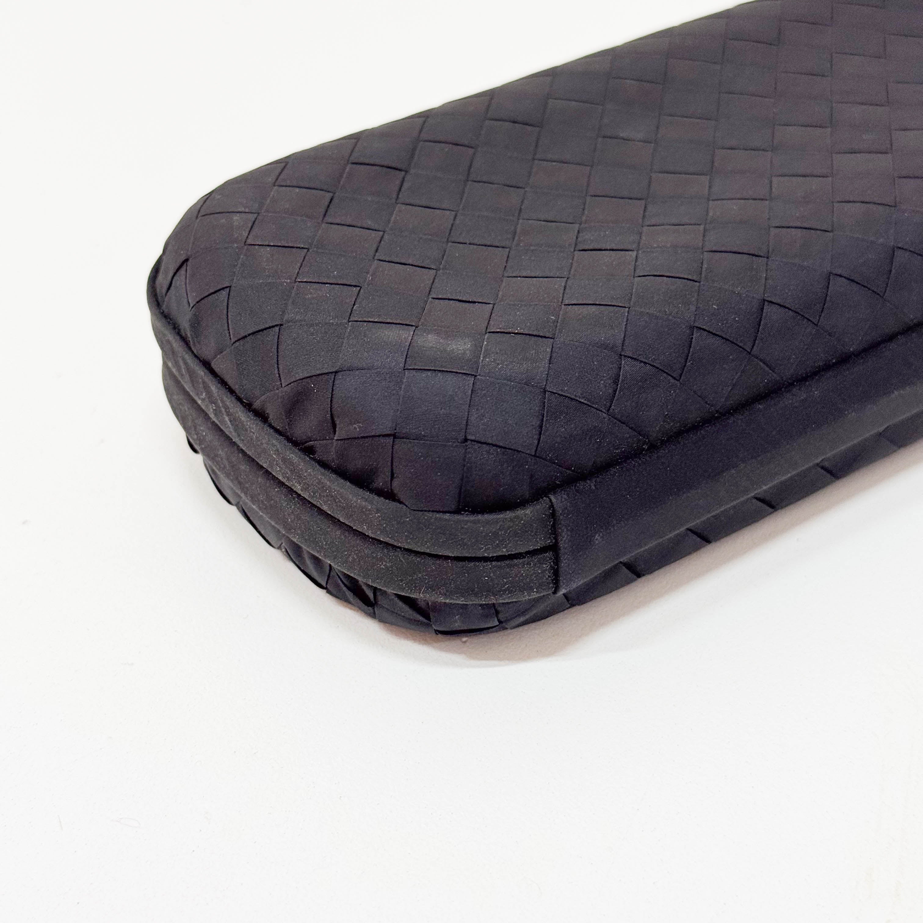 Black Satin Intrecciato Knot Long Clutch with Gold Chain