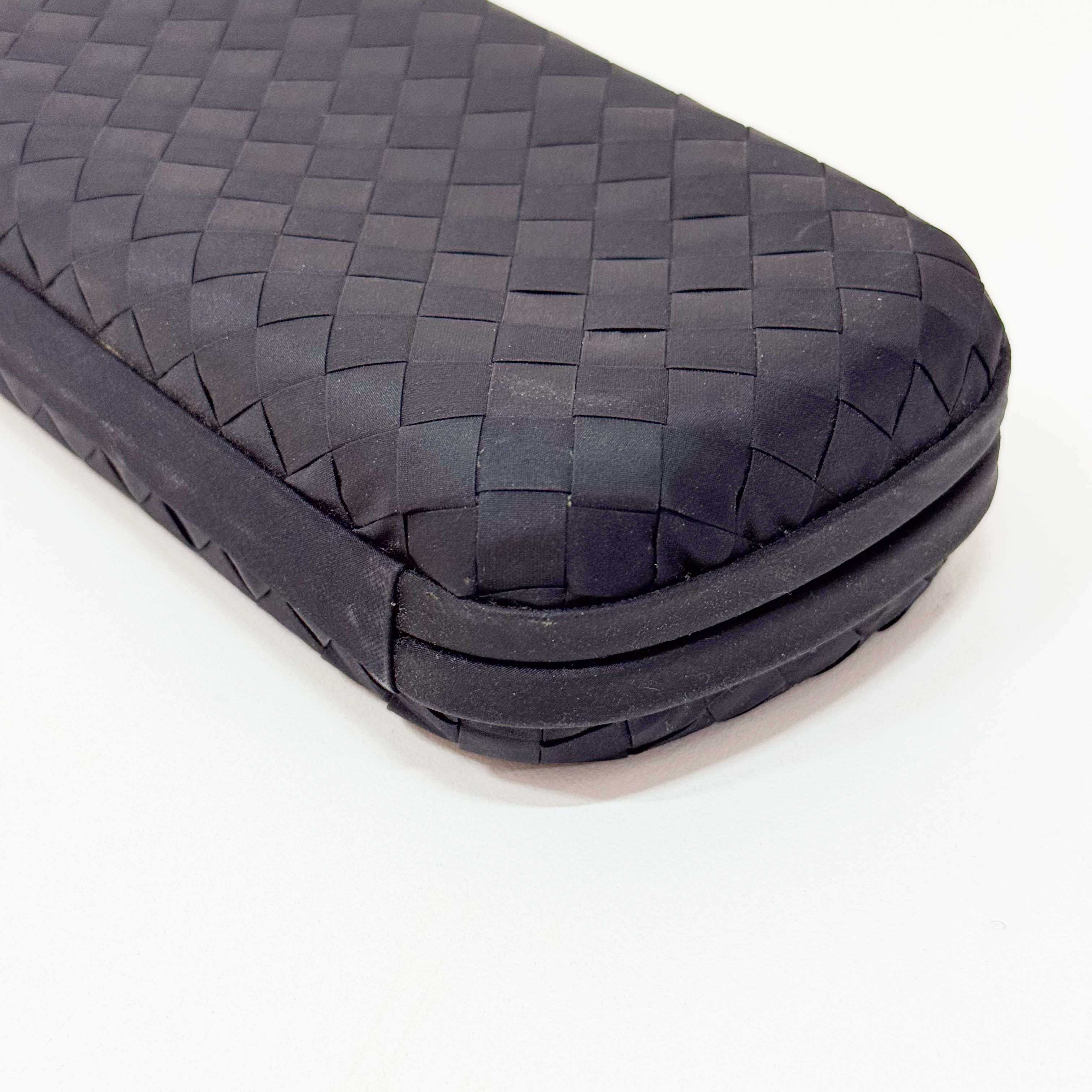 Black Satin Intrecciato Knot Long Clutch with Gold Chain