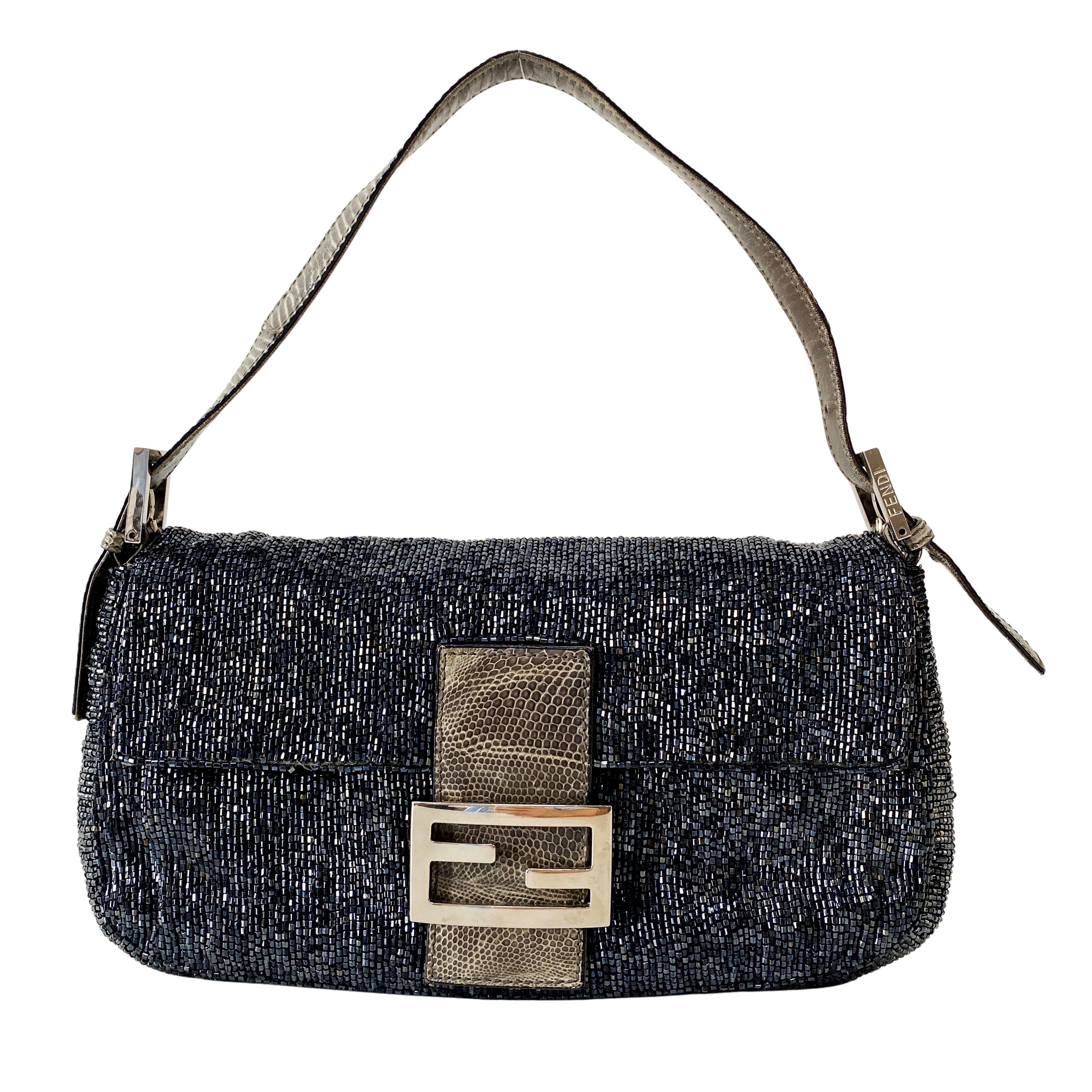 Baguette Silver Beaded & Croc Leather Shoulder Bag