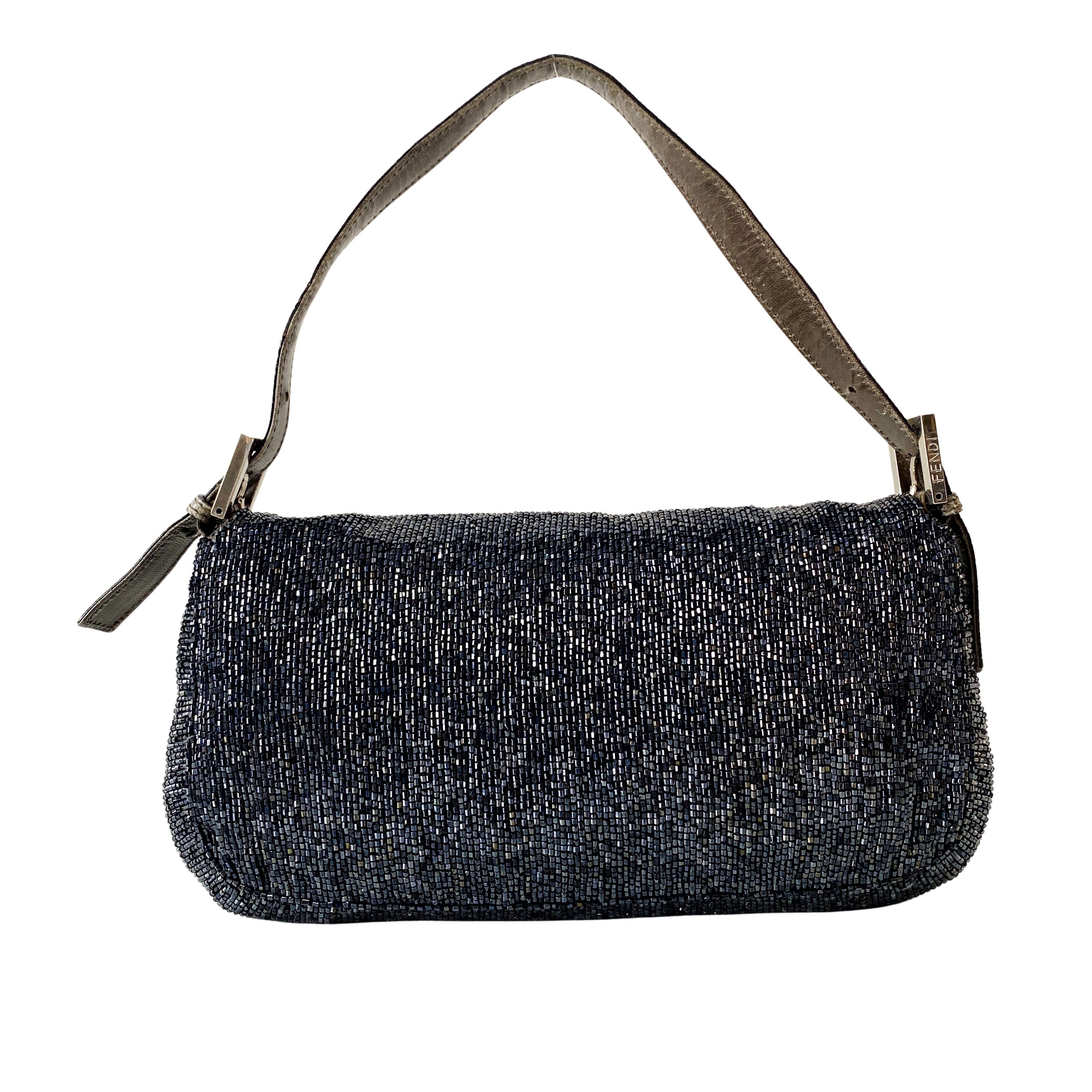 Baguette Silver Beaded & Croc Leather Shoulder Bag