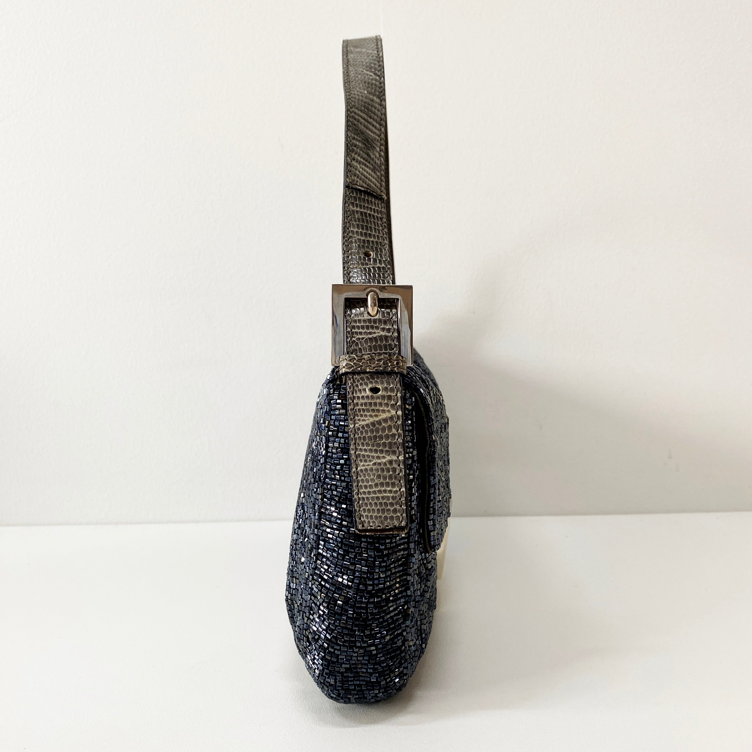 Baguette Silver Beaded & Croc Leather Shoulder Bag