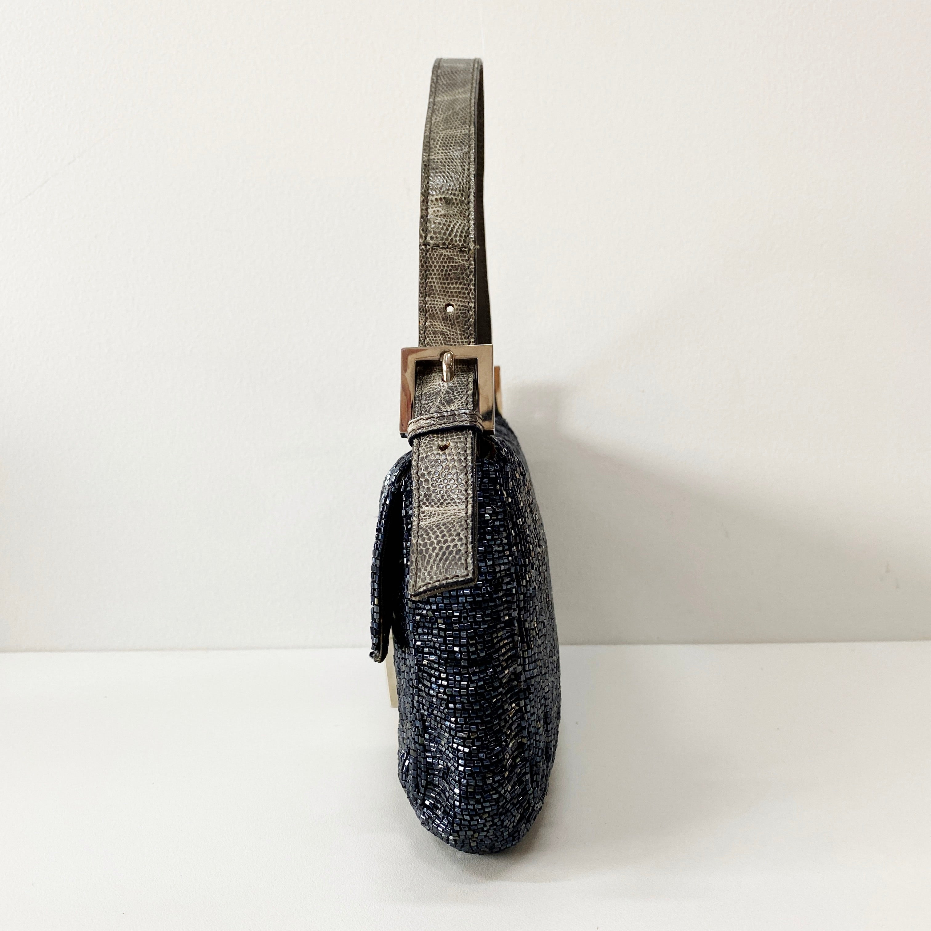 Baguette Silver Beaded & Croc Leather Shoulder Bag