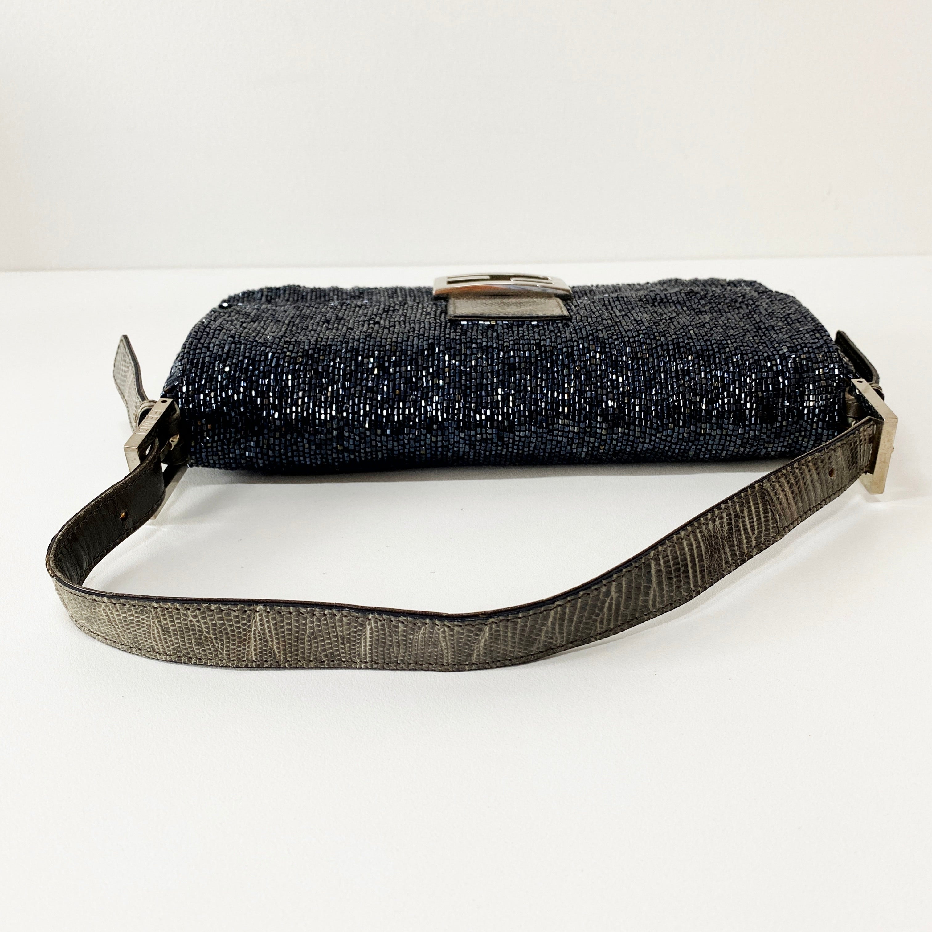 Baguette Silver Beaded & Croc Leather Shoulder Bag