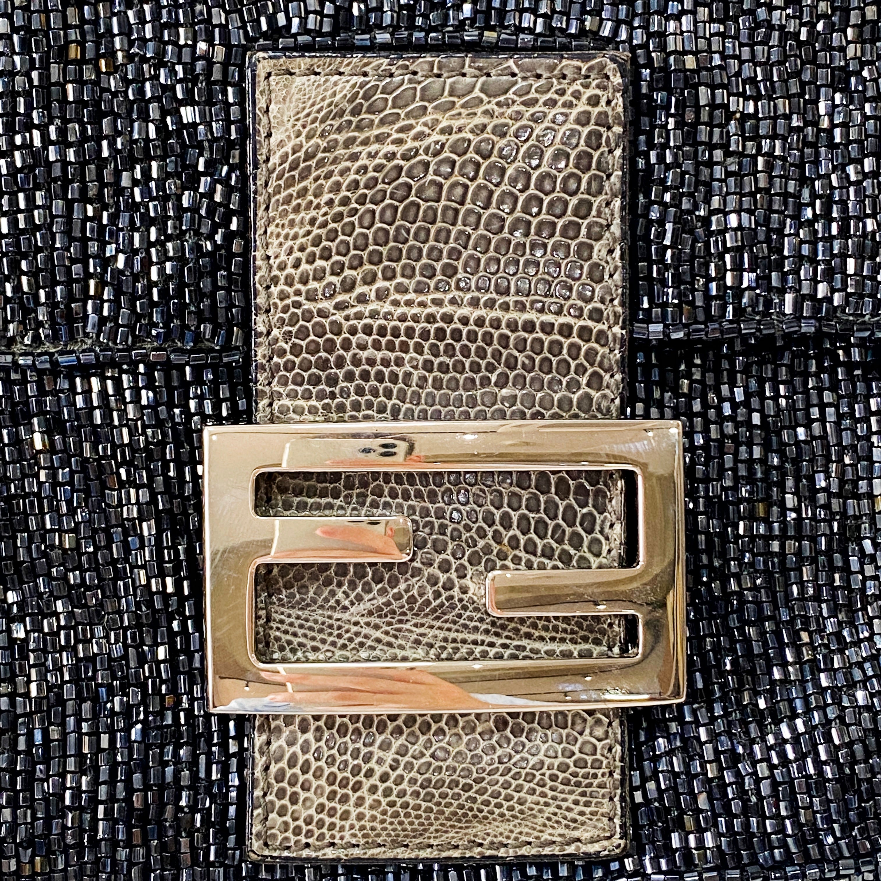 Baguette Silver Beaded & Croc Leather Shoulder Bag