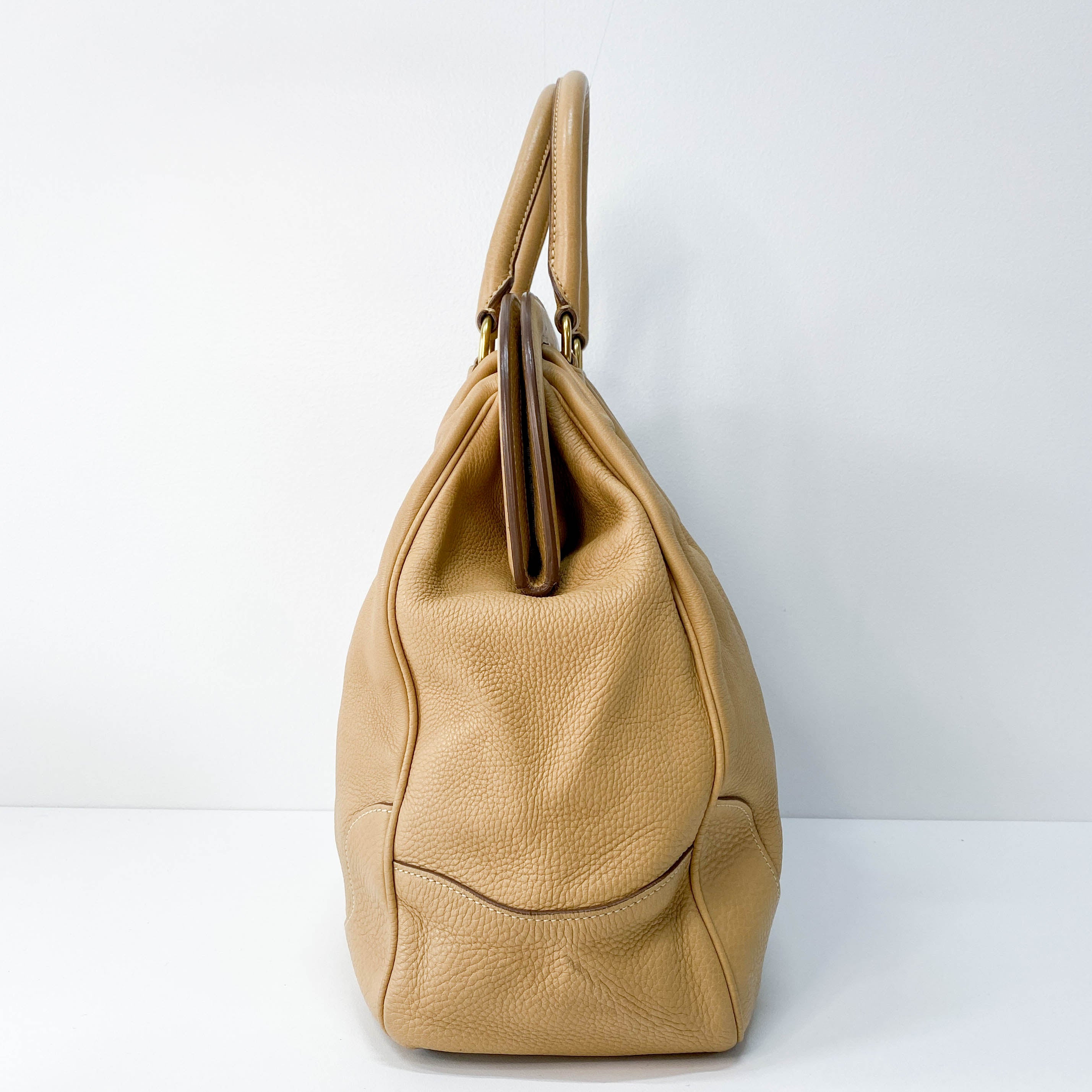 Beige Leather Bowler Bag