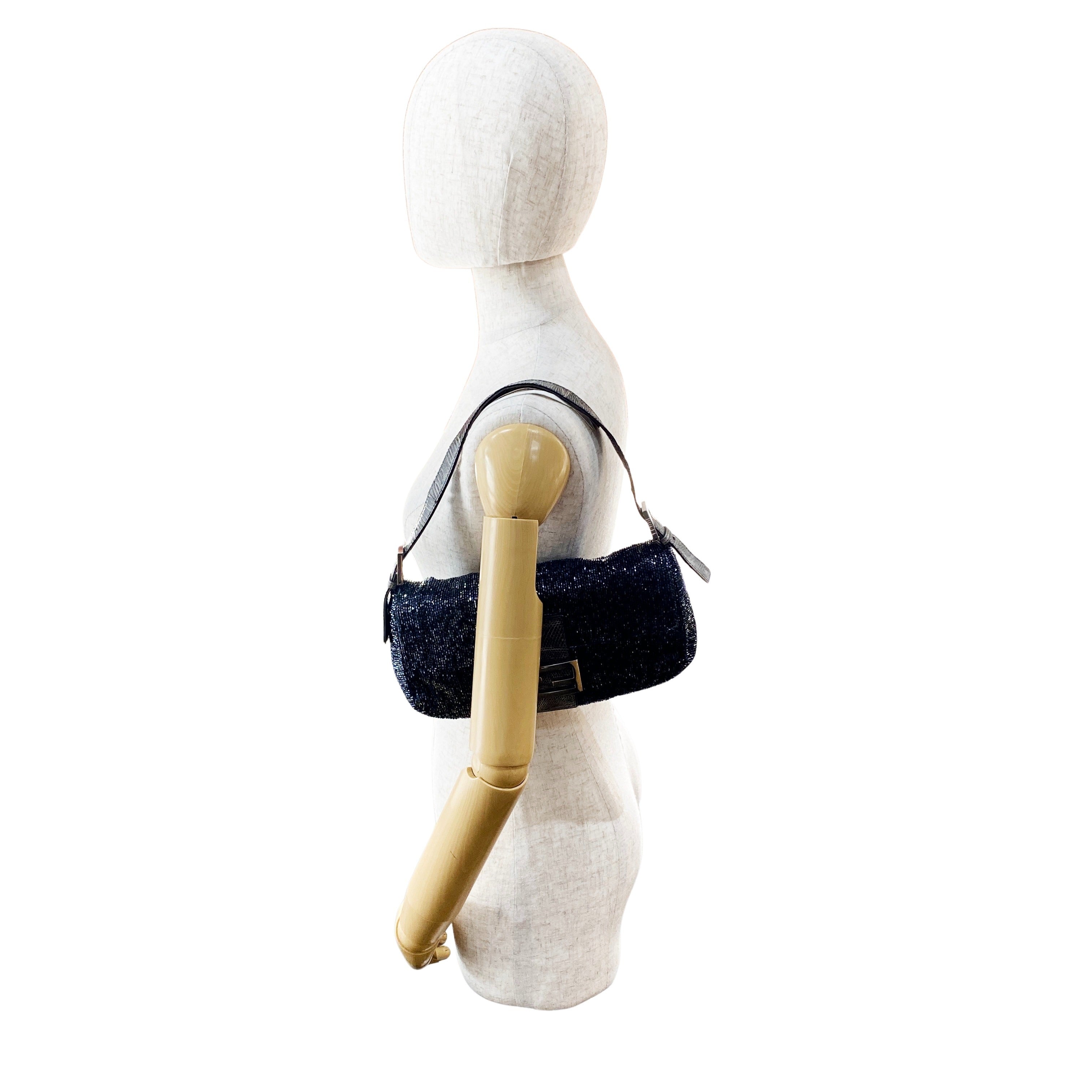 Baguette Silver Beaded & Croc Leather Shoulder Bag