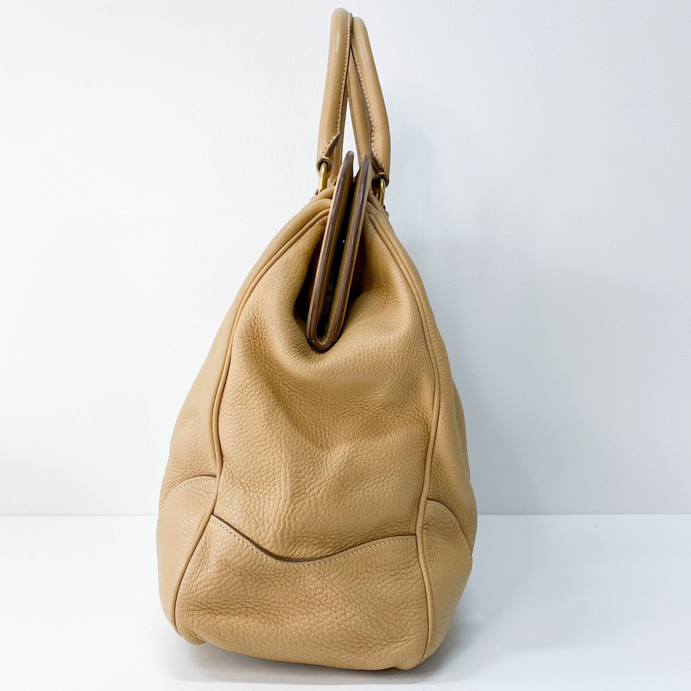 Beige Leather Bowler Bag