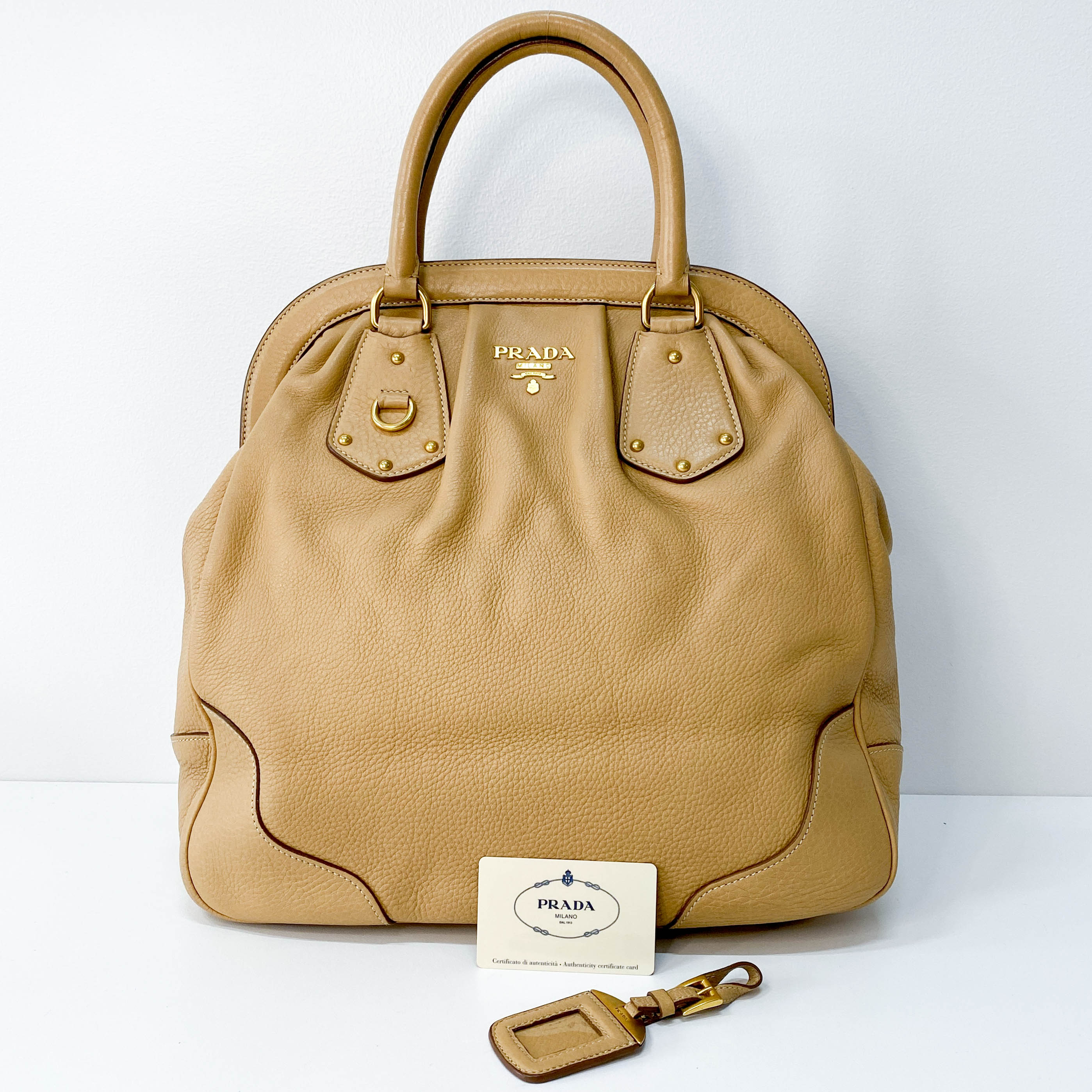 Beige Leather Bowler Bag