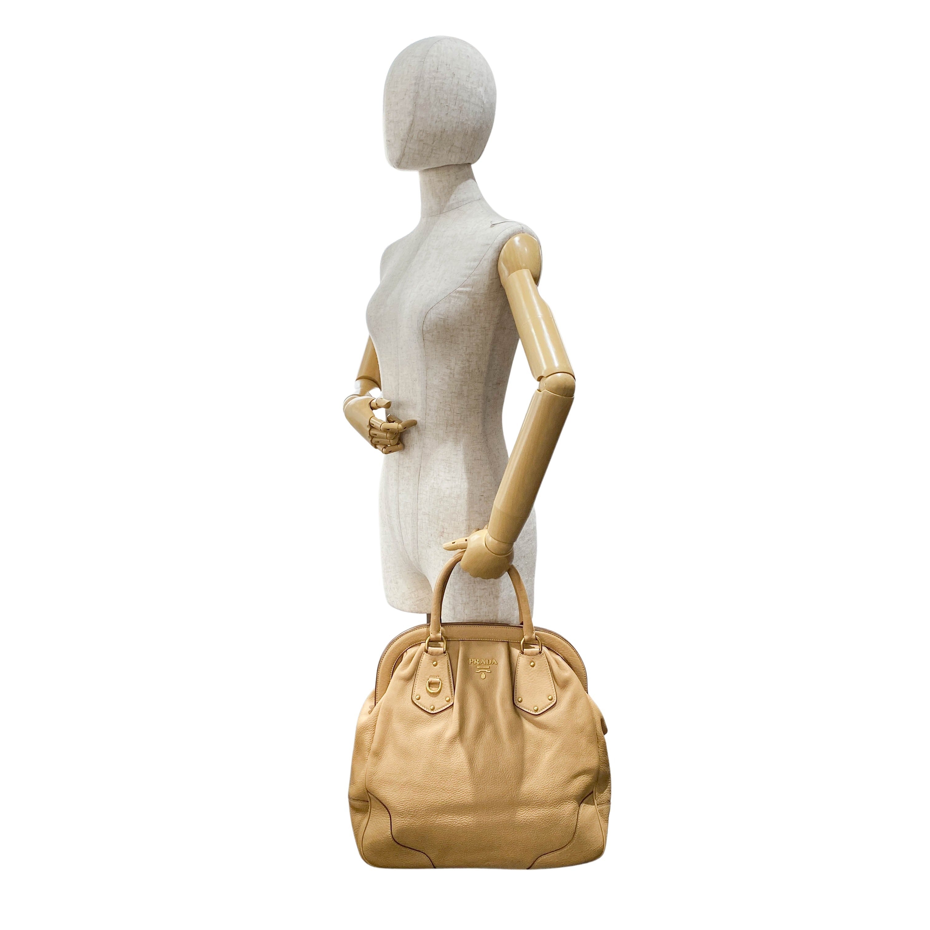 Beige Leather Bowler Bag