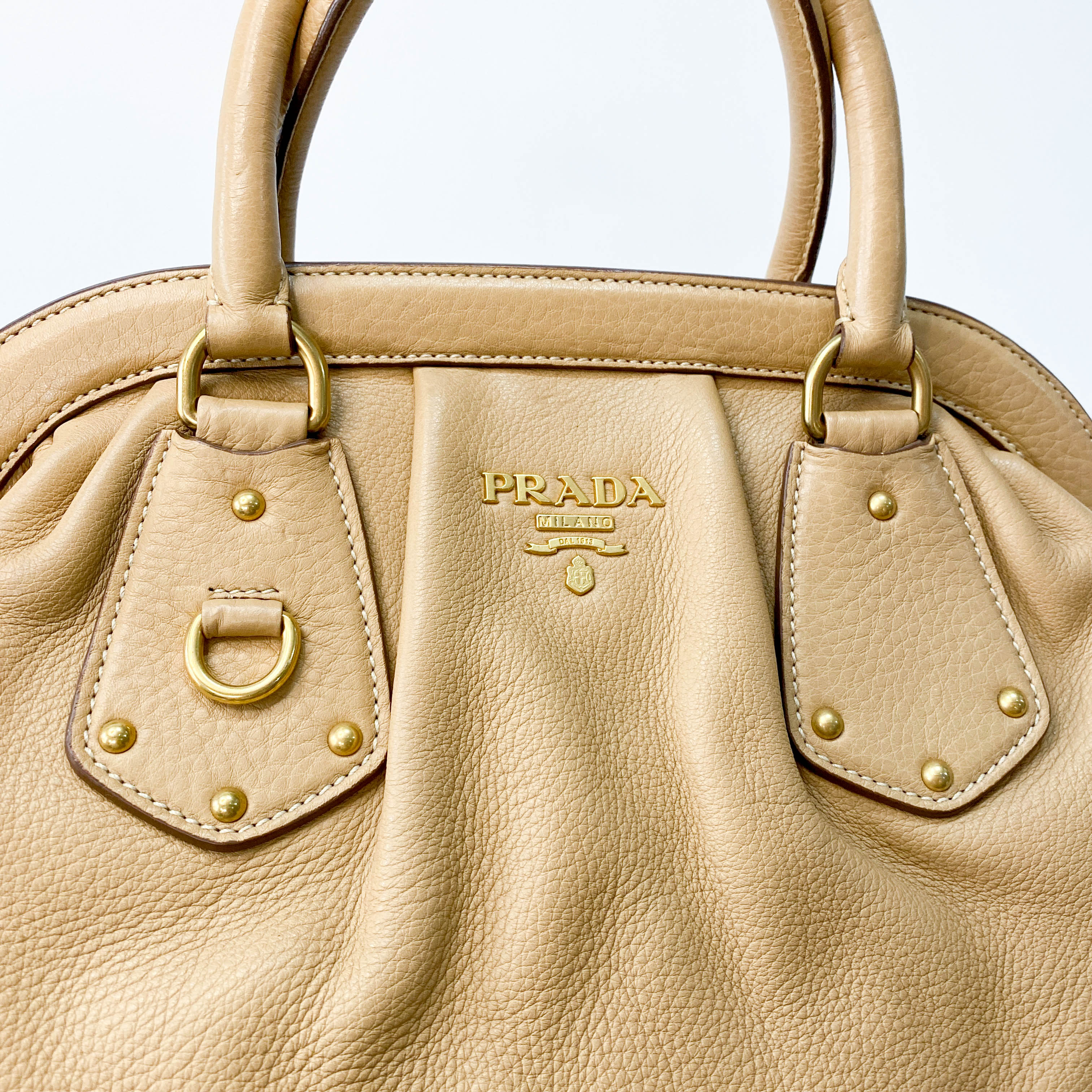 Beige Leather Bowler Bag