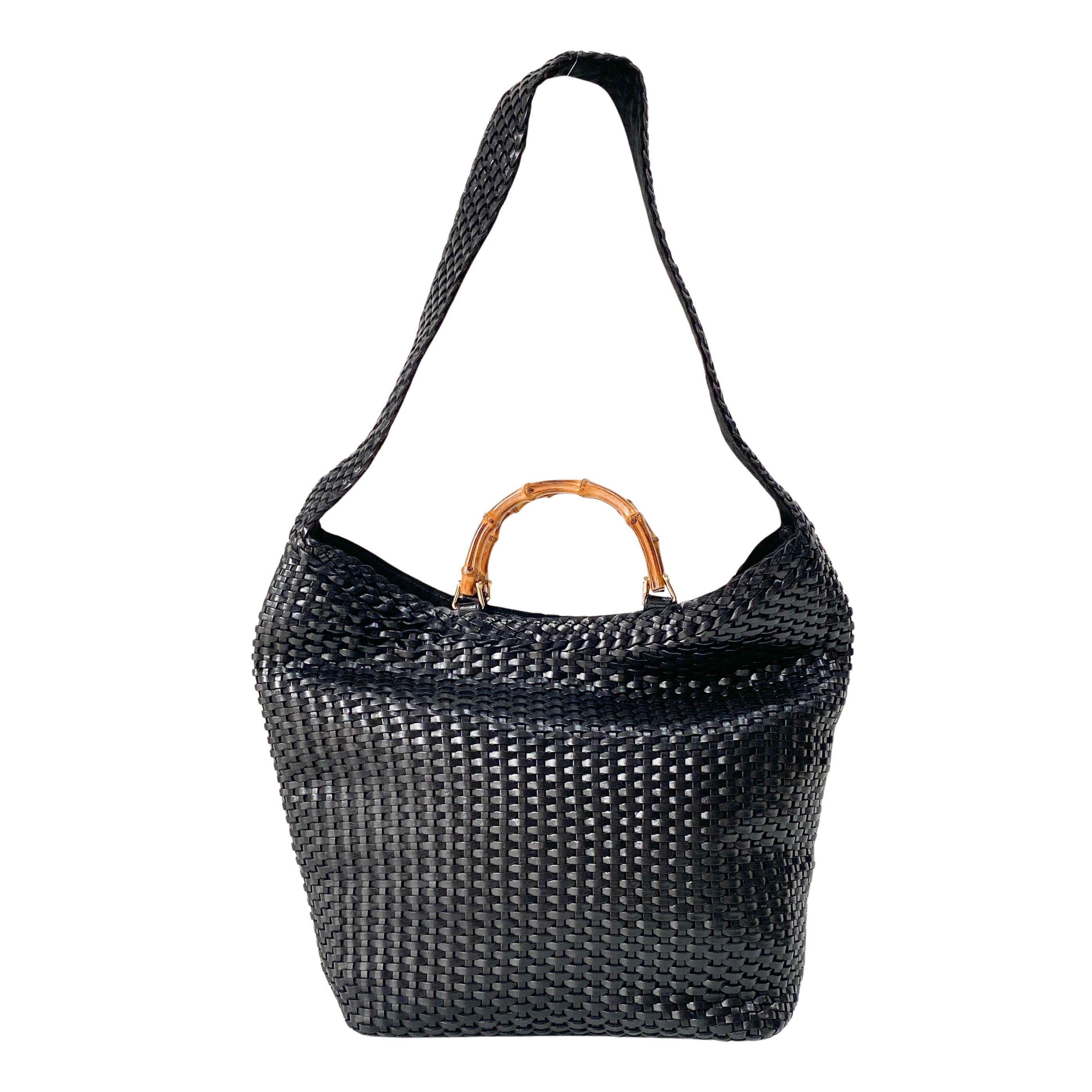 Bamboo Black Woven Leather Two Way Bag