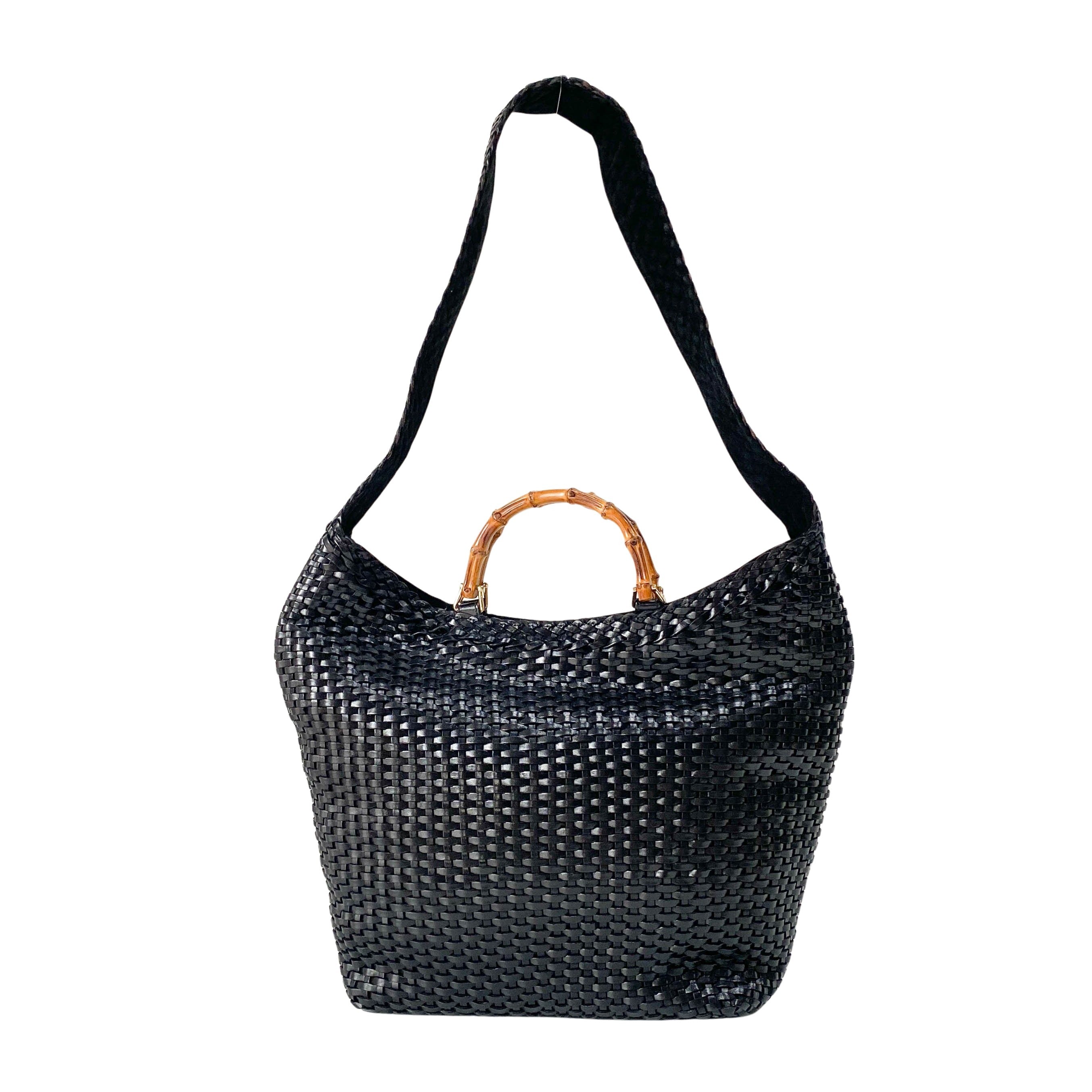 Bamboo Black Woven Leather Two Way Bag