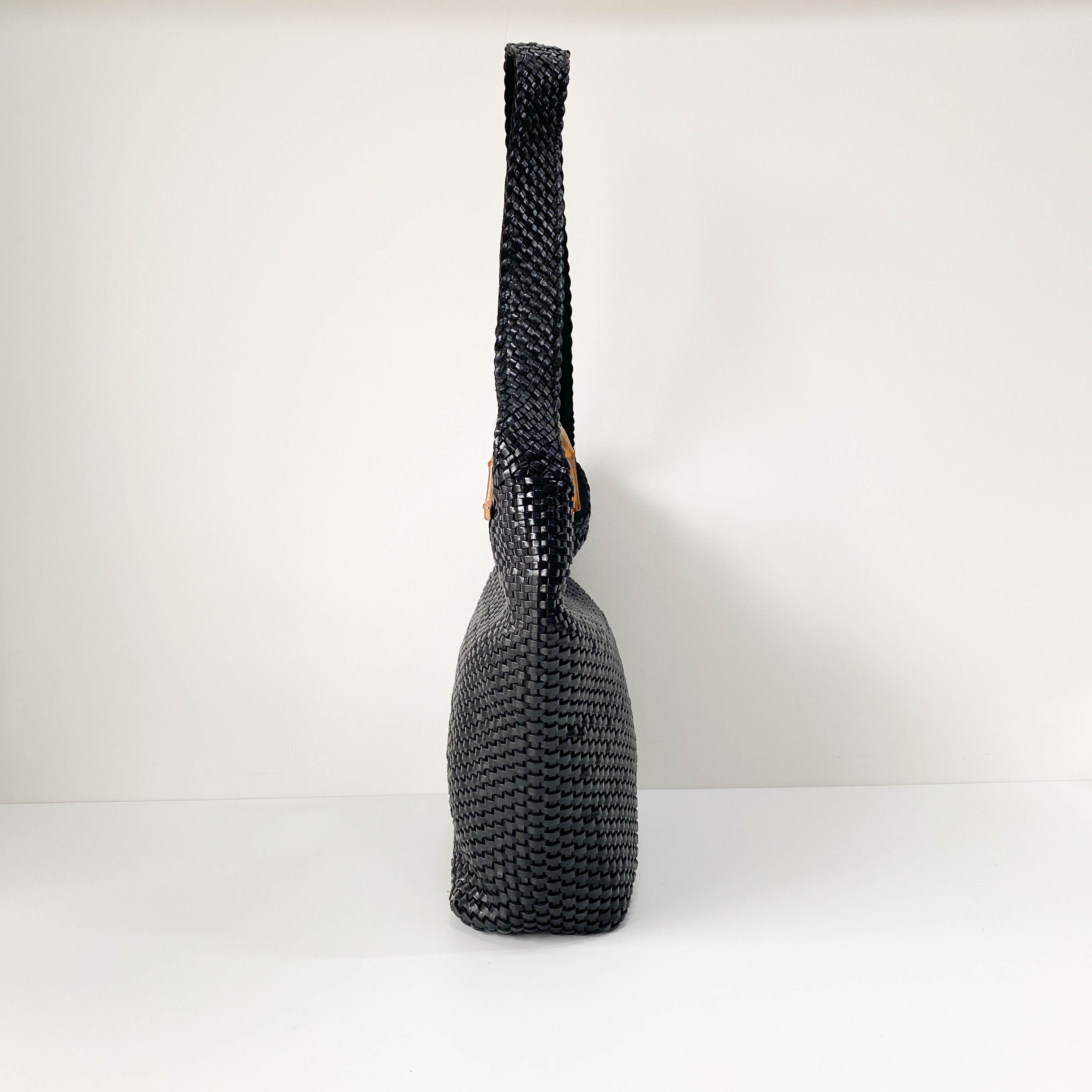 Bamboo Black Woven Leather Two Way Bag