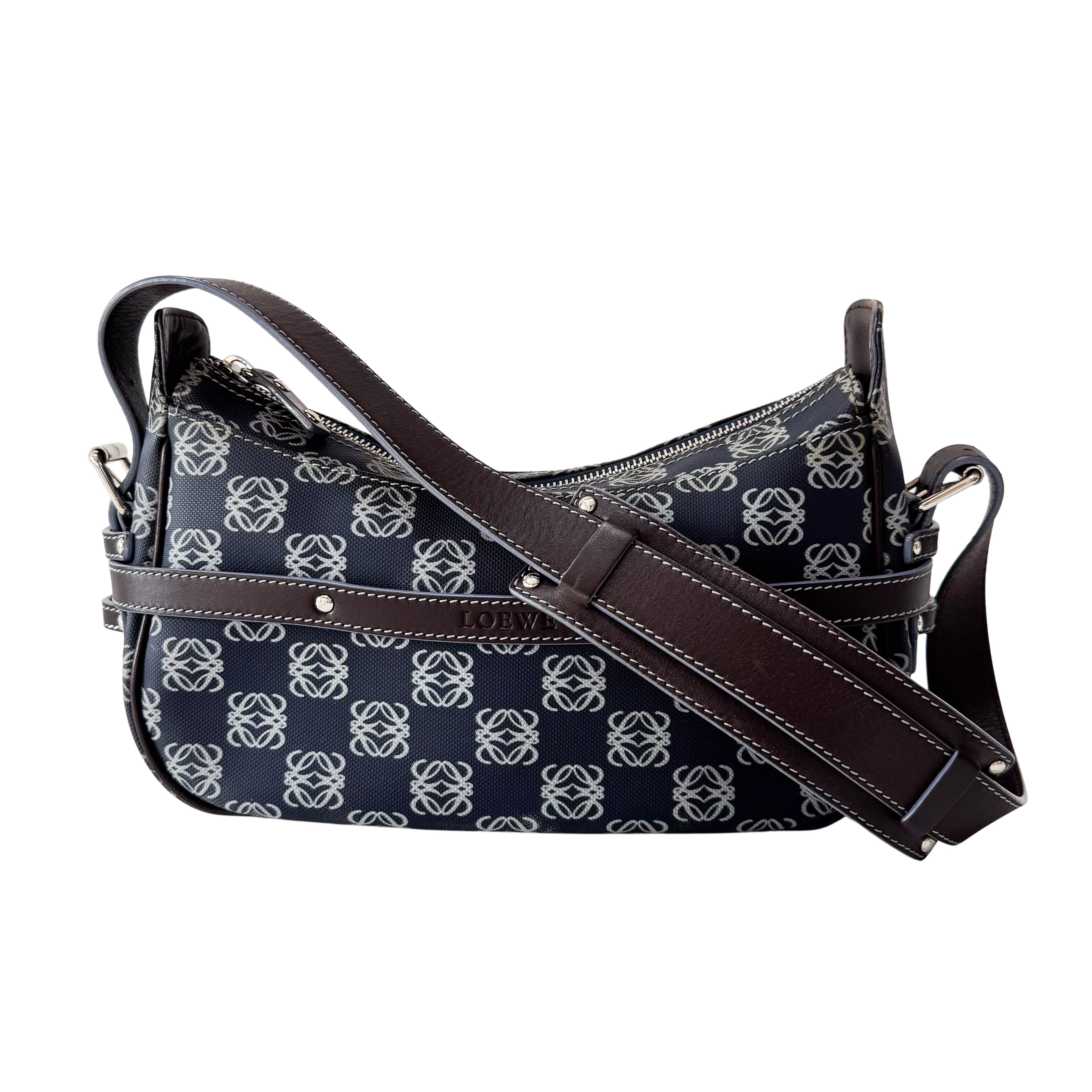 Anagram Navy Coated Canvas Shoulder Bag