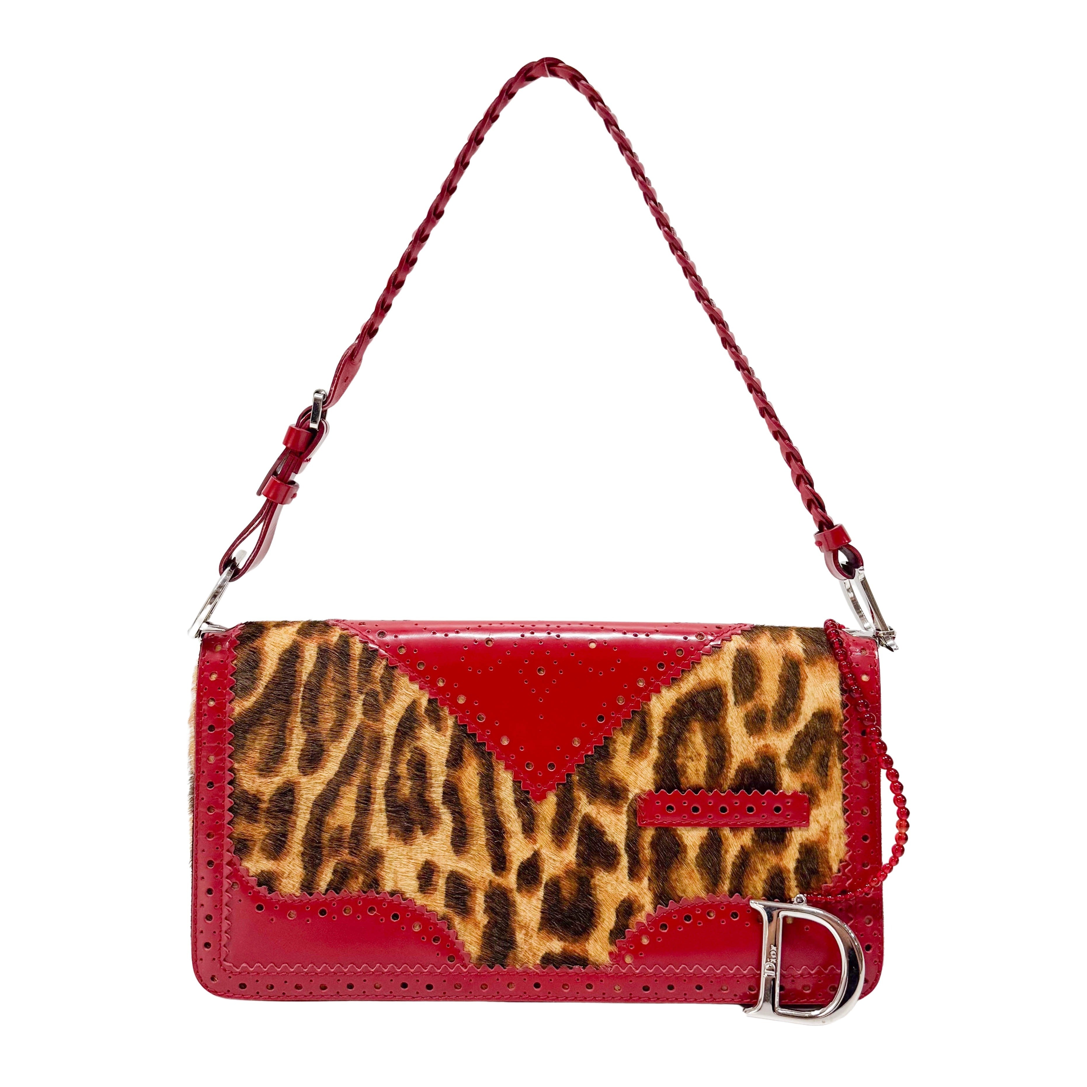 Leopard Print Pony Hair Red Laser Cut Details Bag