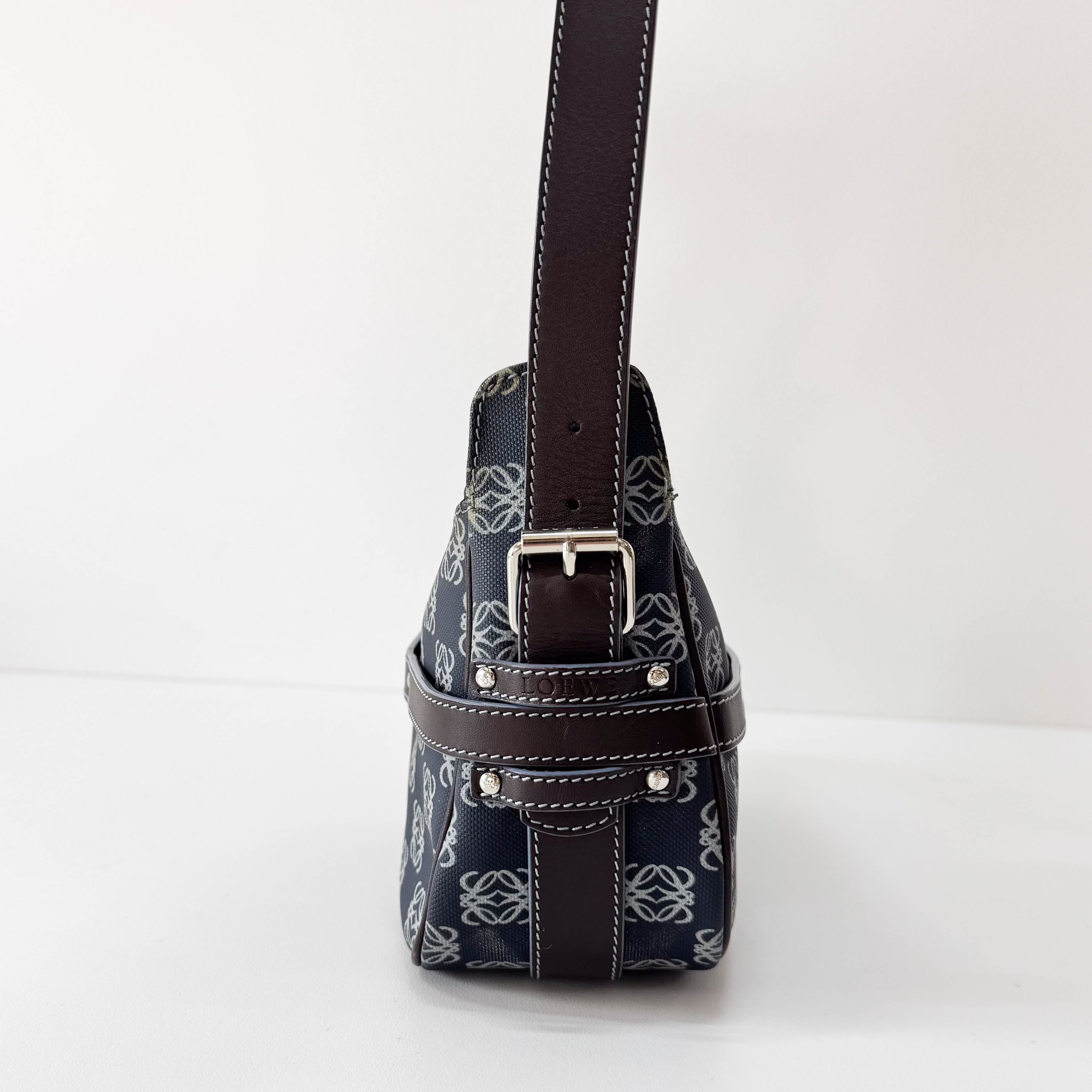 Anagram Navy Coated Canvas Shoulder Bag