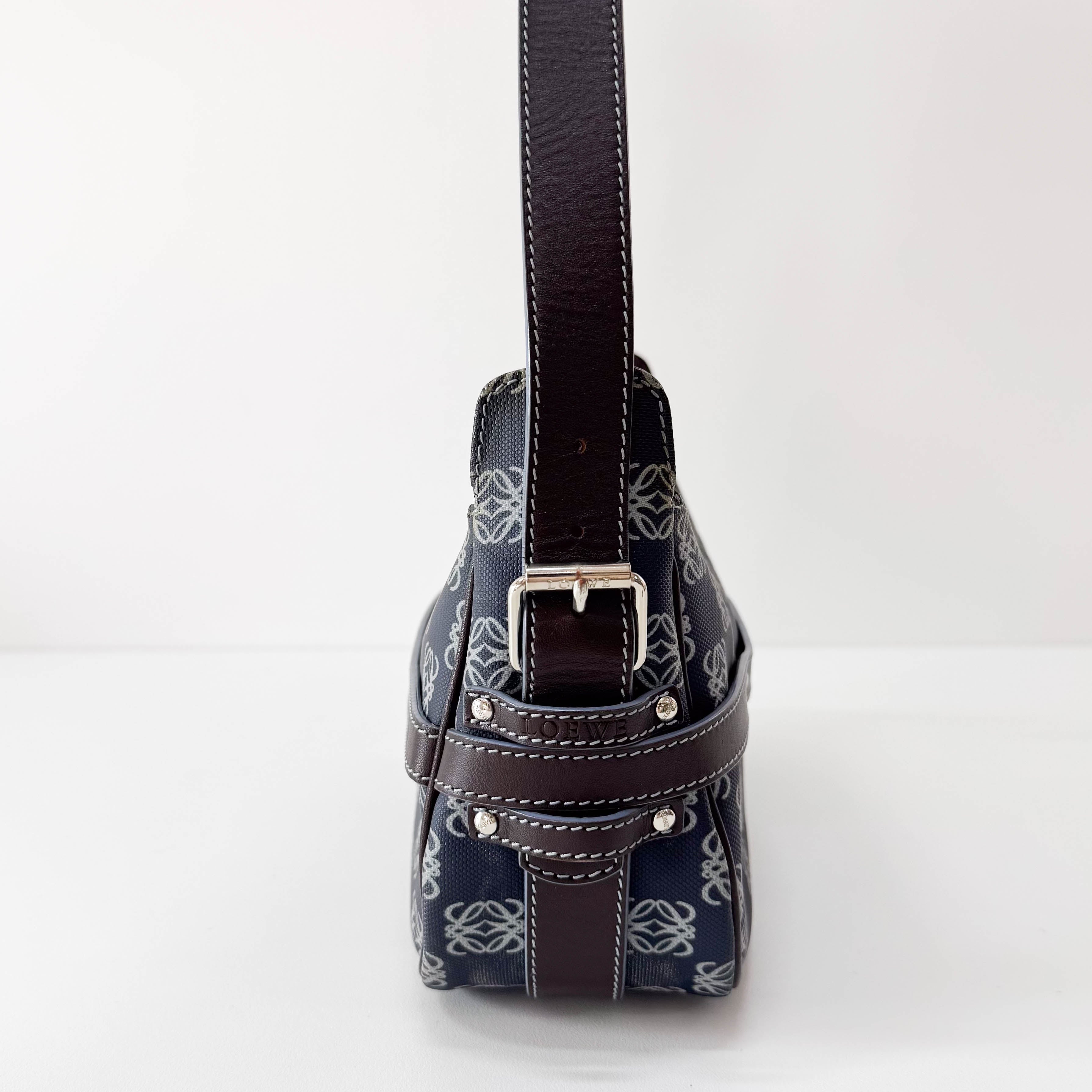 Anagram Navy Coated Canvas Shoulder Bag