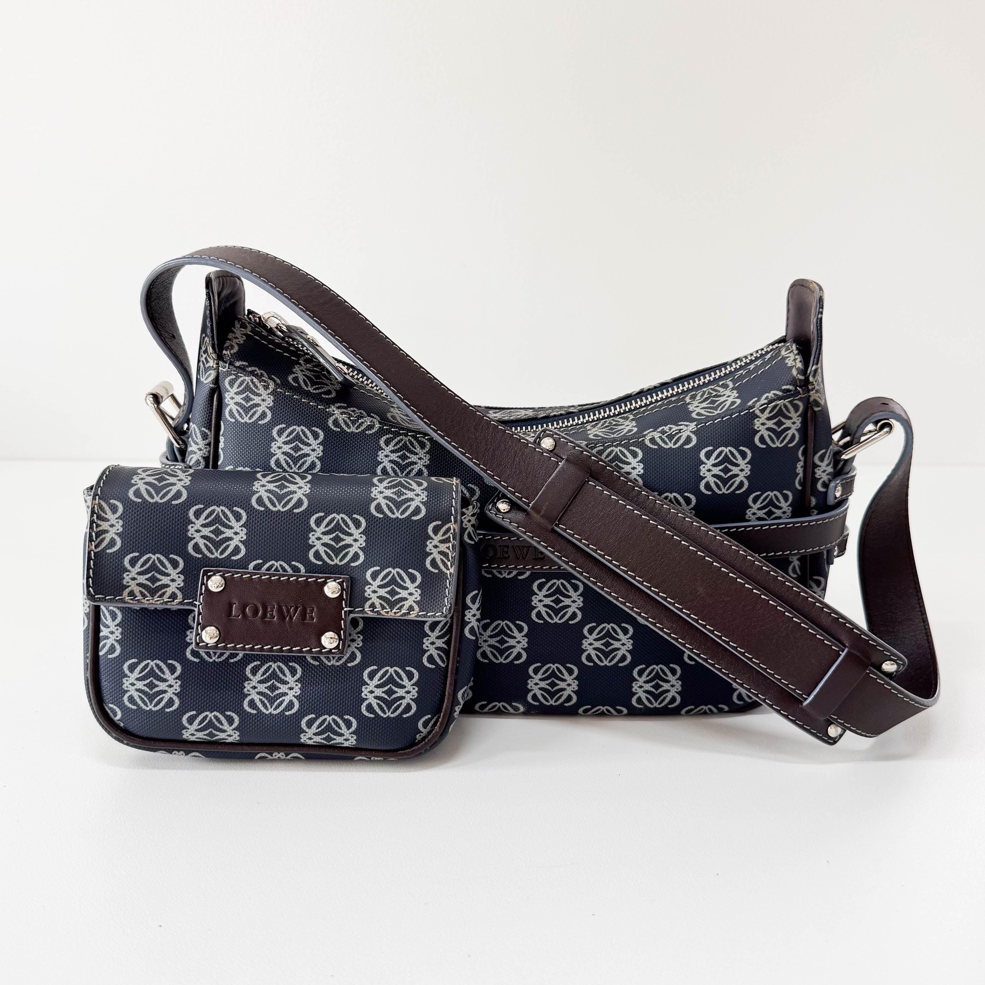 Anagram Navy Coated Canvas Shoulder Bag