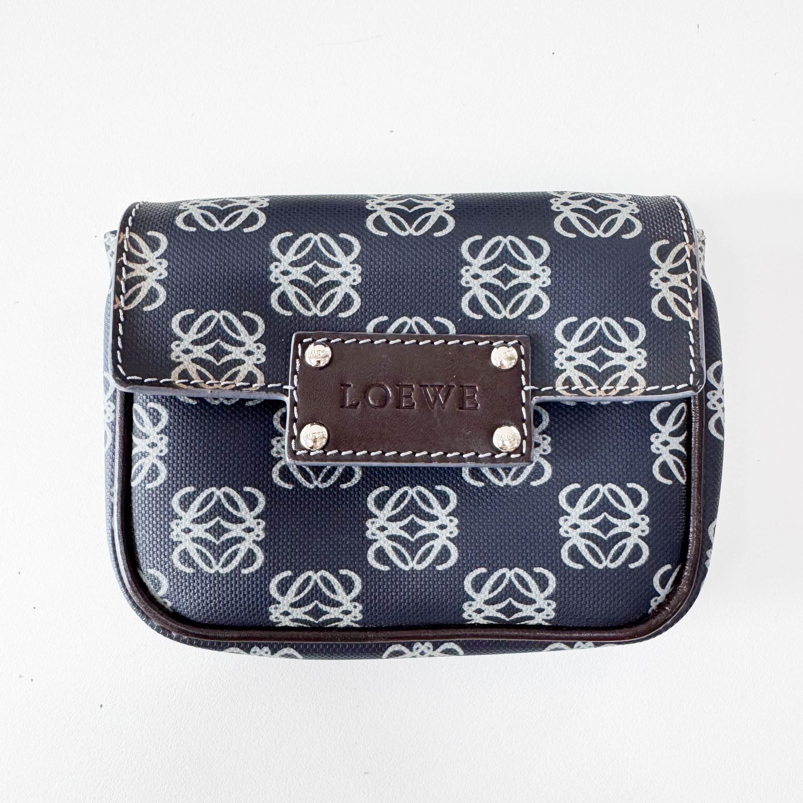 Anagram Navy Coated Canvas Shoulder Bag