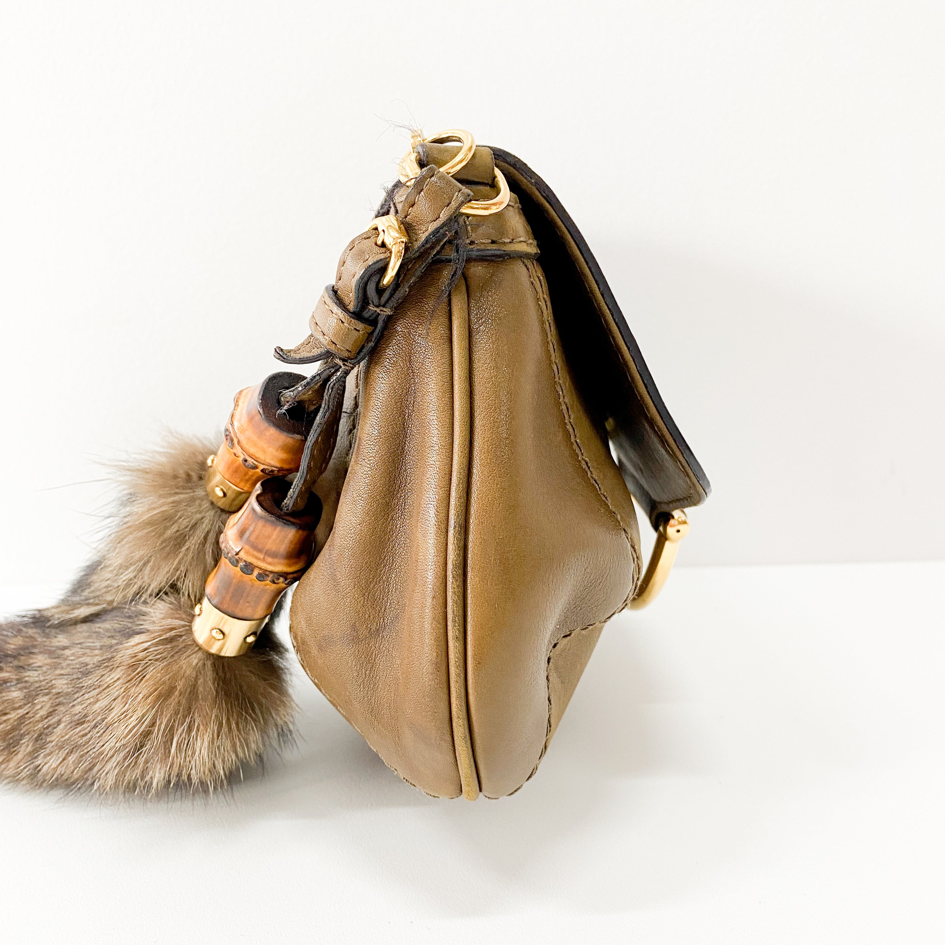 Bamboo and Chain Shoulder Bag with Fur Details