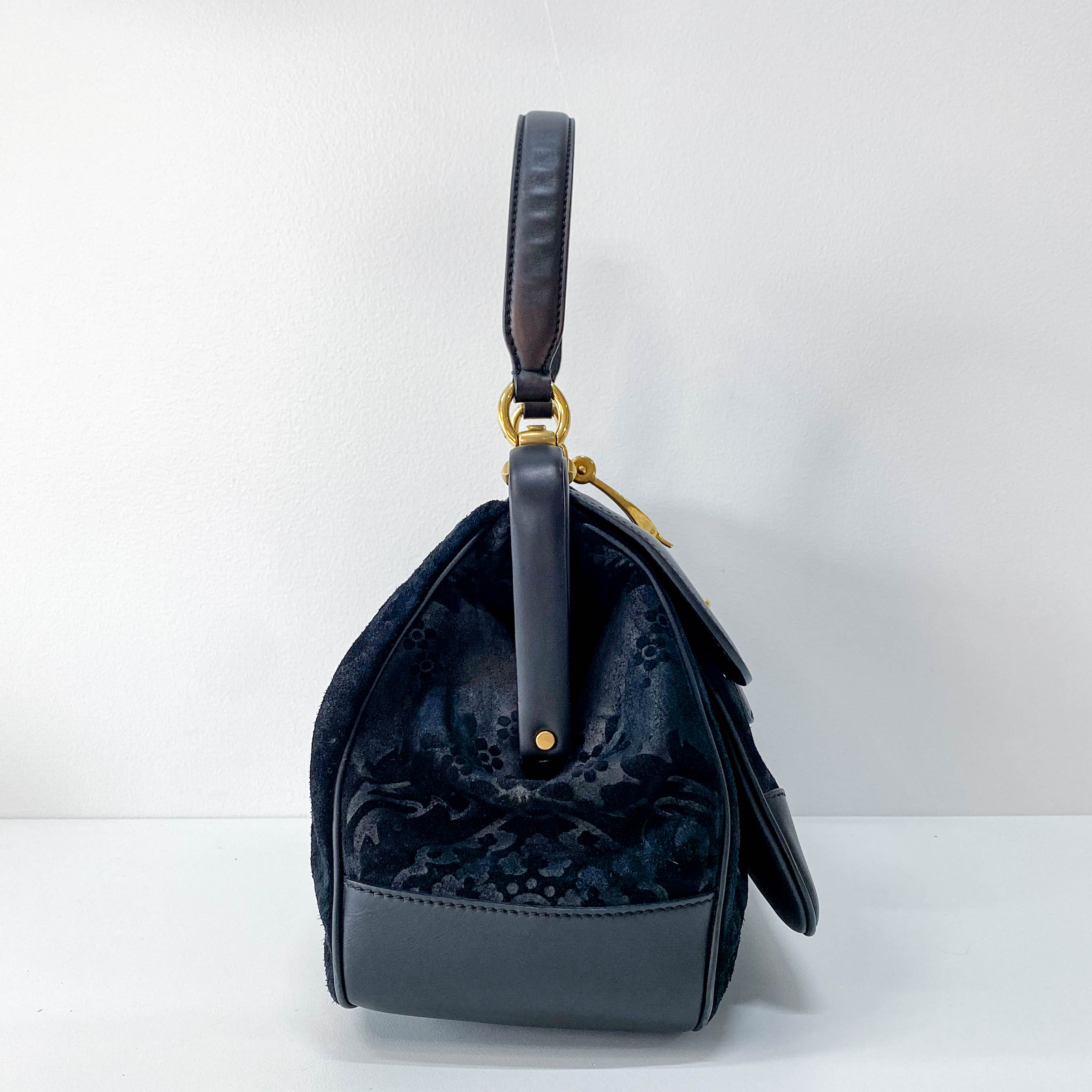 Black Floral Suede/Leather Handbag