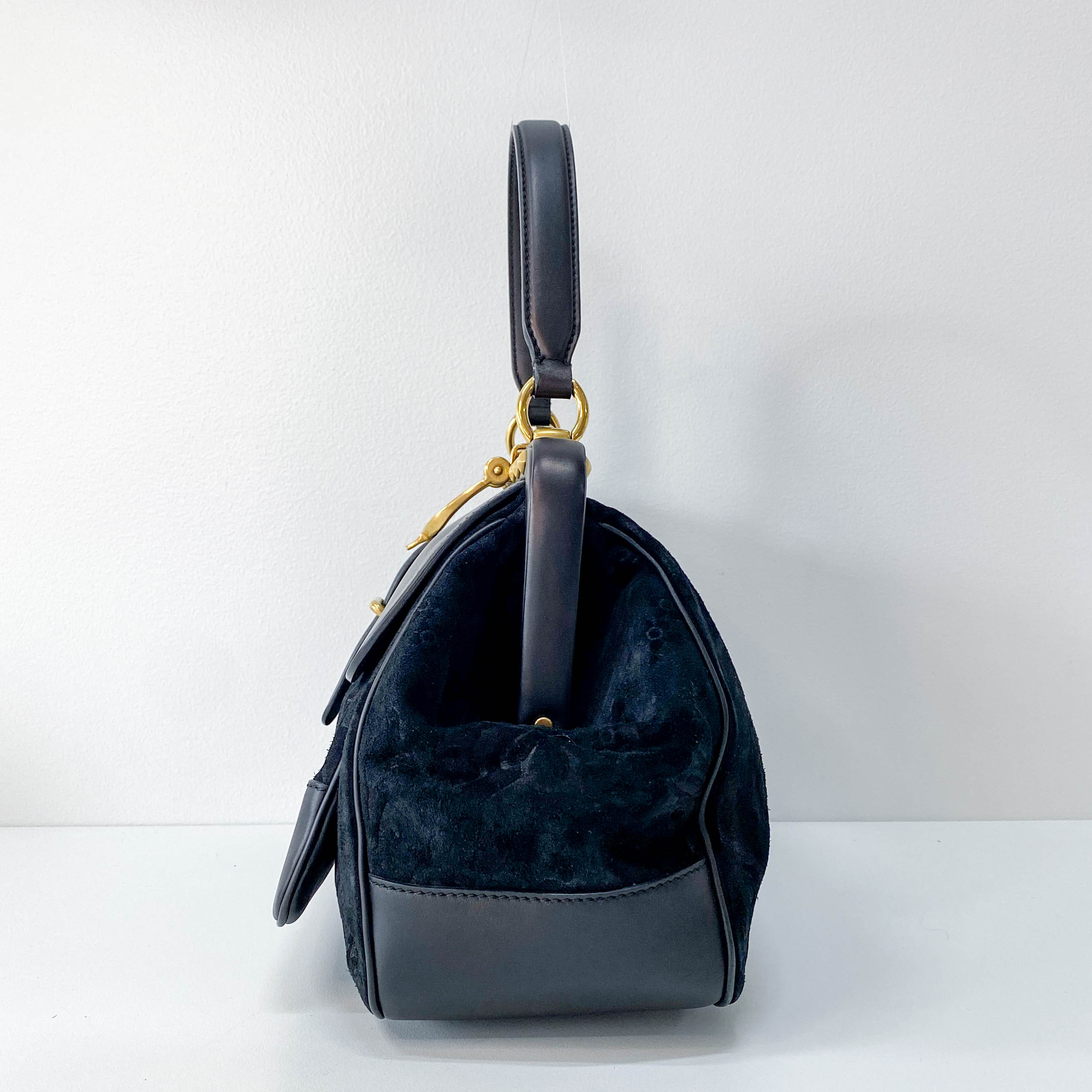 Black Floral Suede/Leather Handbag